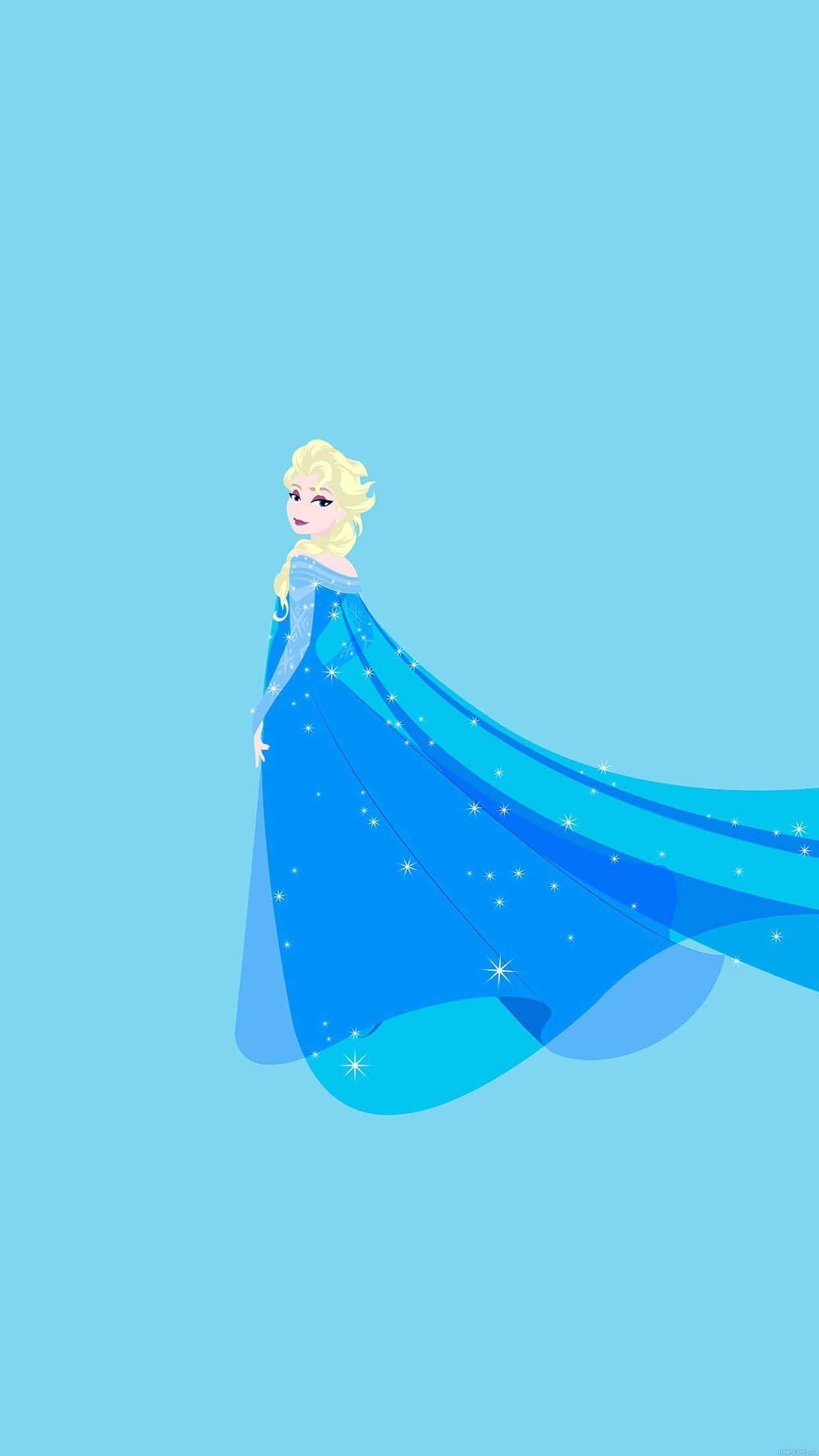 Aesthetic Disney 桌布 壁紙 — 《魔雪奇緣》的愛莎優雅地站立，身穿綴有閃爍星星的飄逸藍色長裙，背景為純淺藍色。