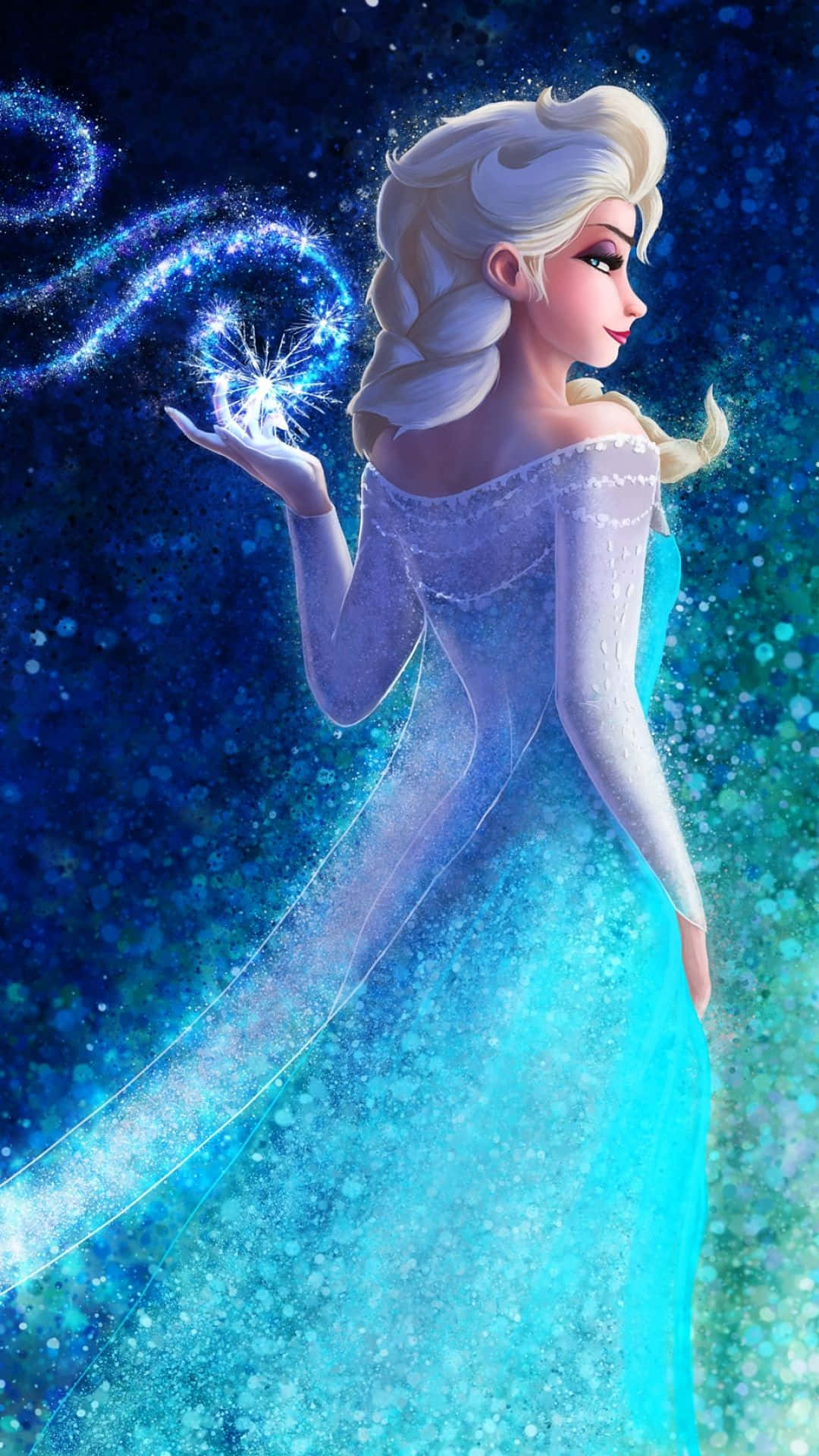 愛莎 桌布 壁紙 — 《魔雪奇緣》的愛莎優雅地舉起發光的冰魔法，背景是閃爍的藍色宇宙。