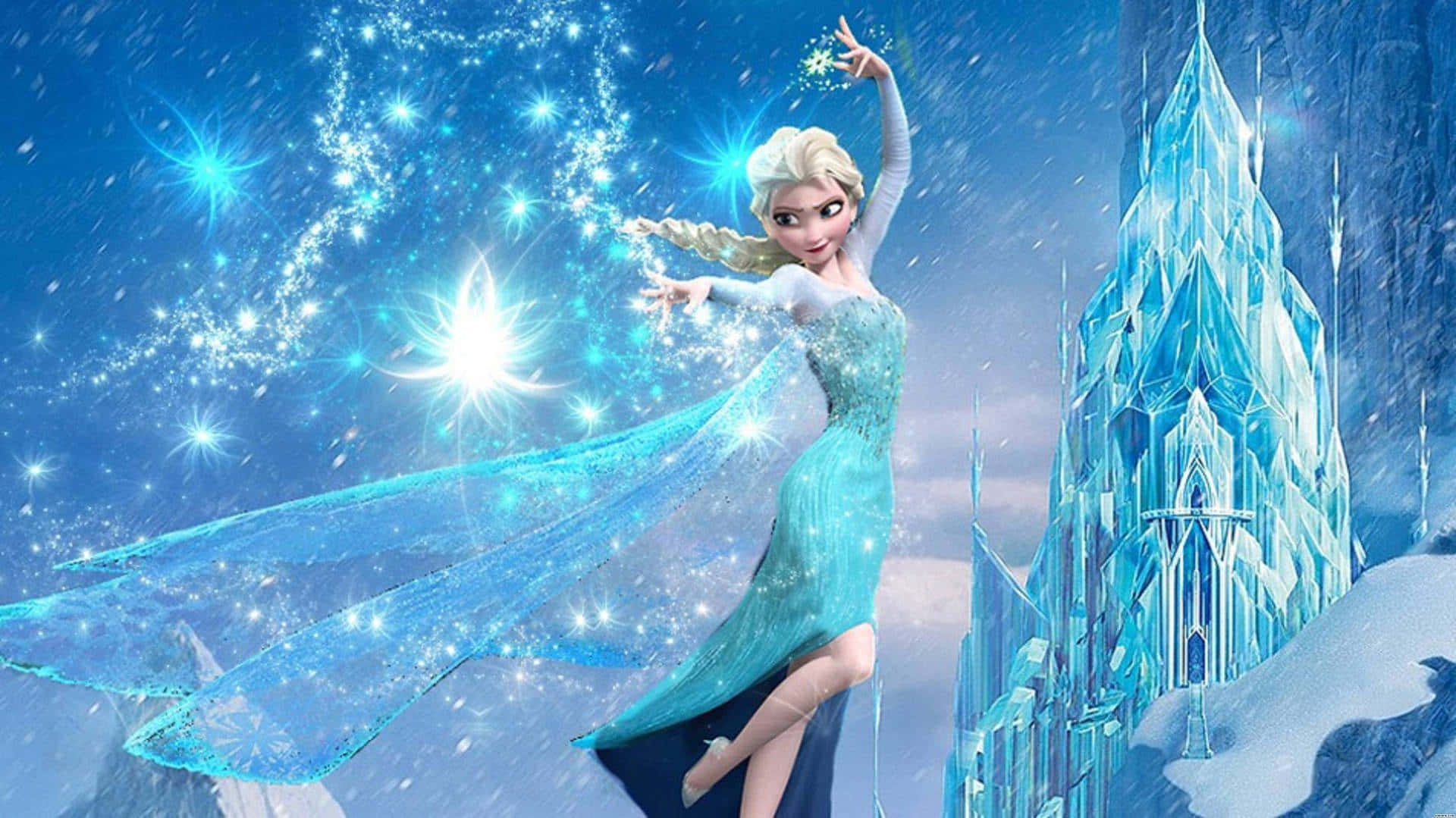 愛莎 桌布 壁紙 — 《魔雪奇緣》的愛莎在繁星點點的藍色冬日天空下，在她閃閃發光的冰城堡旁用冰魔法迷住天空。