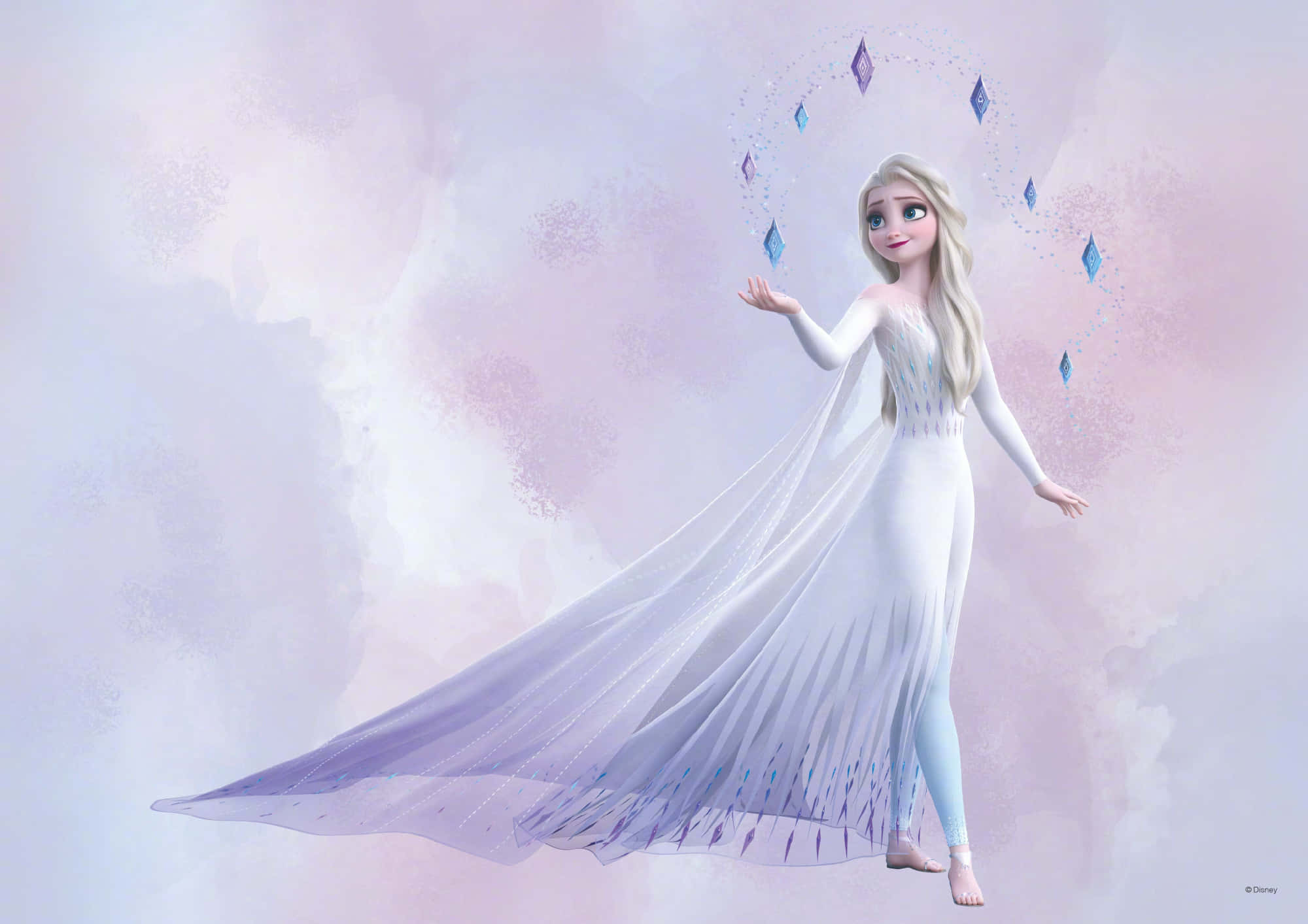 魔雪奇緣2 桌布 壁紙 — 《魔雪奇緣》的愛莎身穿飄逸白色長裙優雅地漂浮，冰晶寶石在柔和粉彩天空環繞她旋轉。