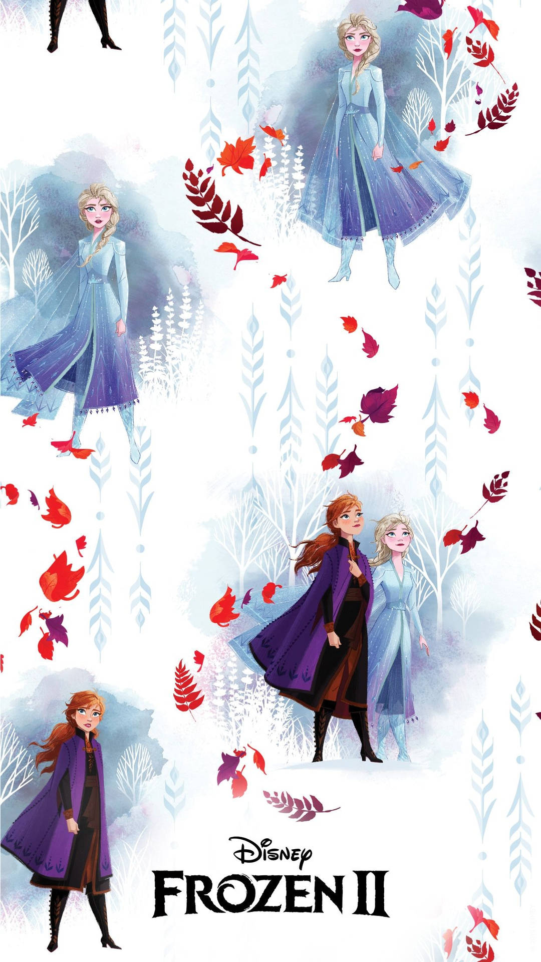 《魔雪奇緣2》的愛莎和安娜被飄落的秋葉和冬季樹木包圍。 — 魔雪奇緣2 壁紙