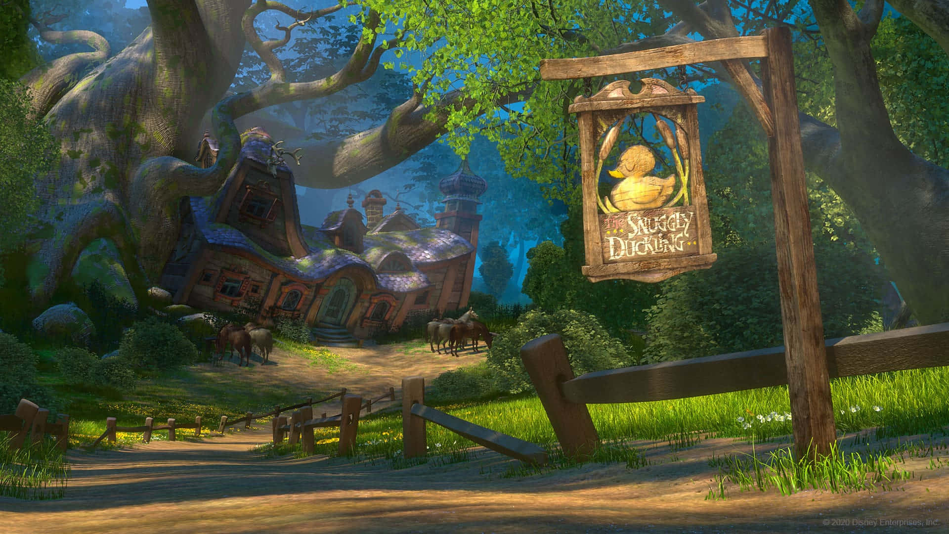 一間名為 The Scraggly Ducking 的奇幻旅館，坐落在森林中，有木製招牌和小徑。