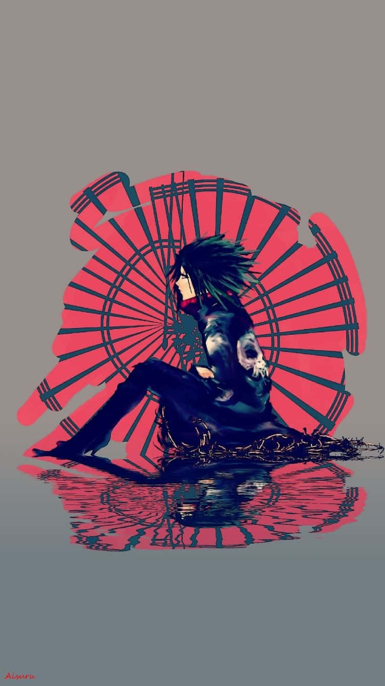 深色頭髮的動漫角色坐在水中，背後有一把破碎的紅色扇子。