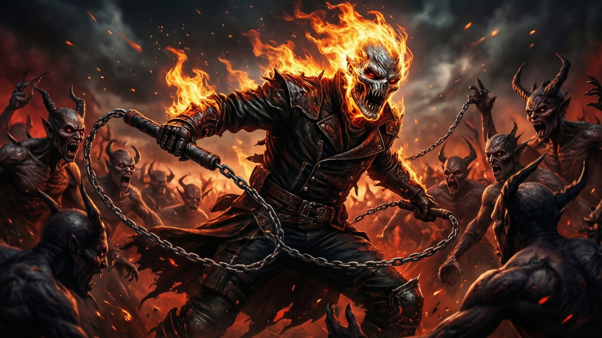 魔鬼大軍 壁紙 — Ghost Rider 騎著火焰摩托車穿過地獄般的戰場，周圍環繞著惡魔生物。