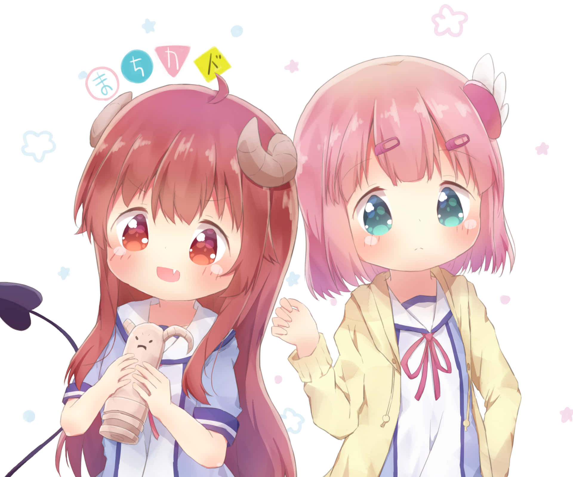 兩個有角和大眼睛的快樂動漫女孩穿著校服。