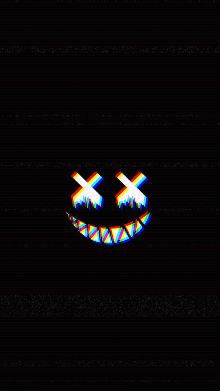 一個在黑色故障背景上帶有X眼睛的扭曲彩虹笑臉。