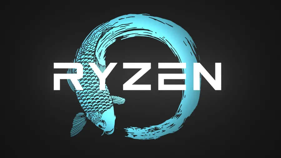 青色錦鯉在深色背景上圍繞Ryzen一詞形成一個圓圈。