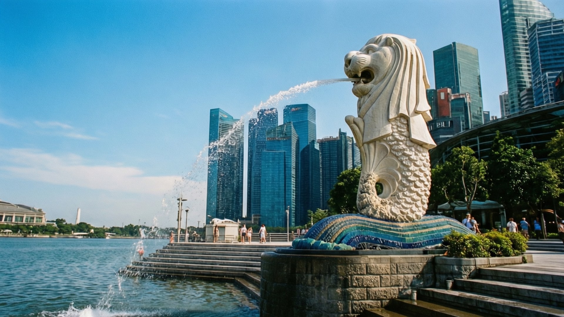 獅子魚雕像在現代摩天大樓的背景下的海濱附近噴水。