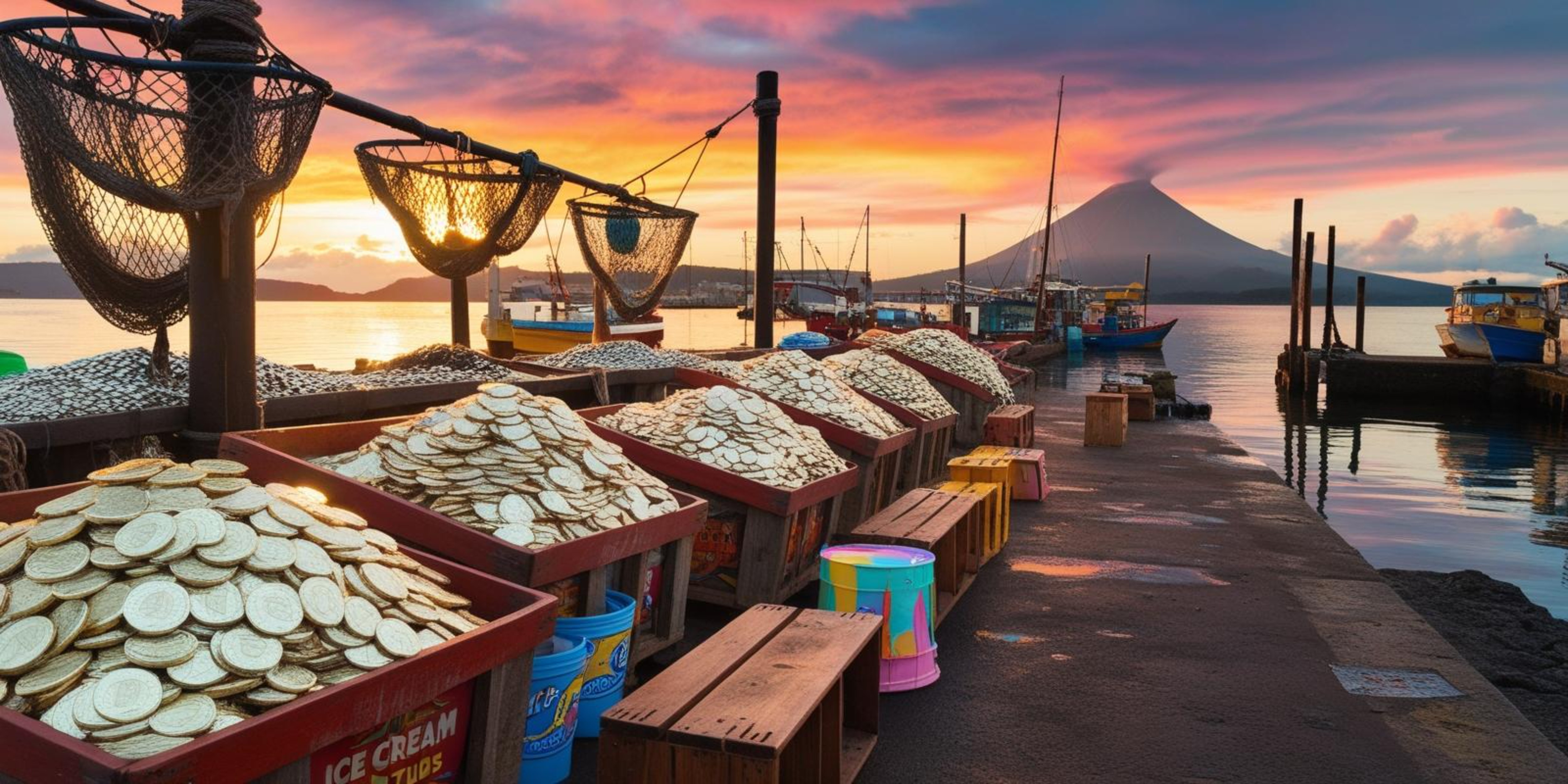 魚市日落景色 壁紙 — 夕陽灑在港口碼頭，木箱裡裝滿切片魚和彩色水桶，漁船在遠處火山附近停泊。