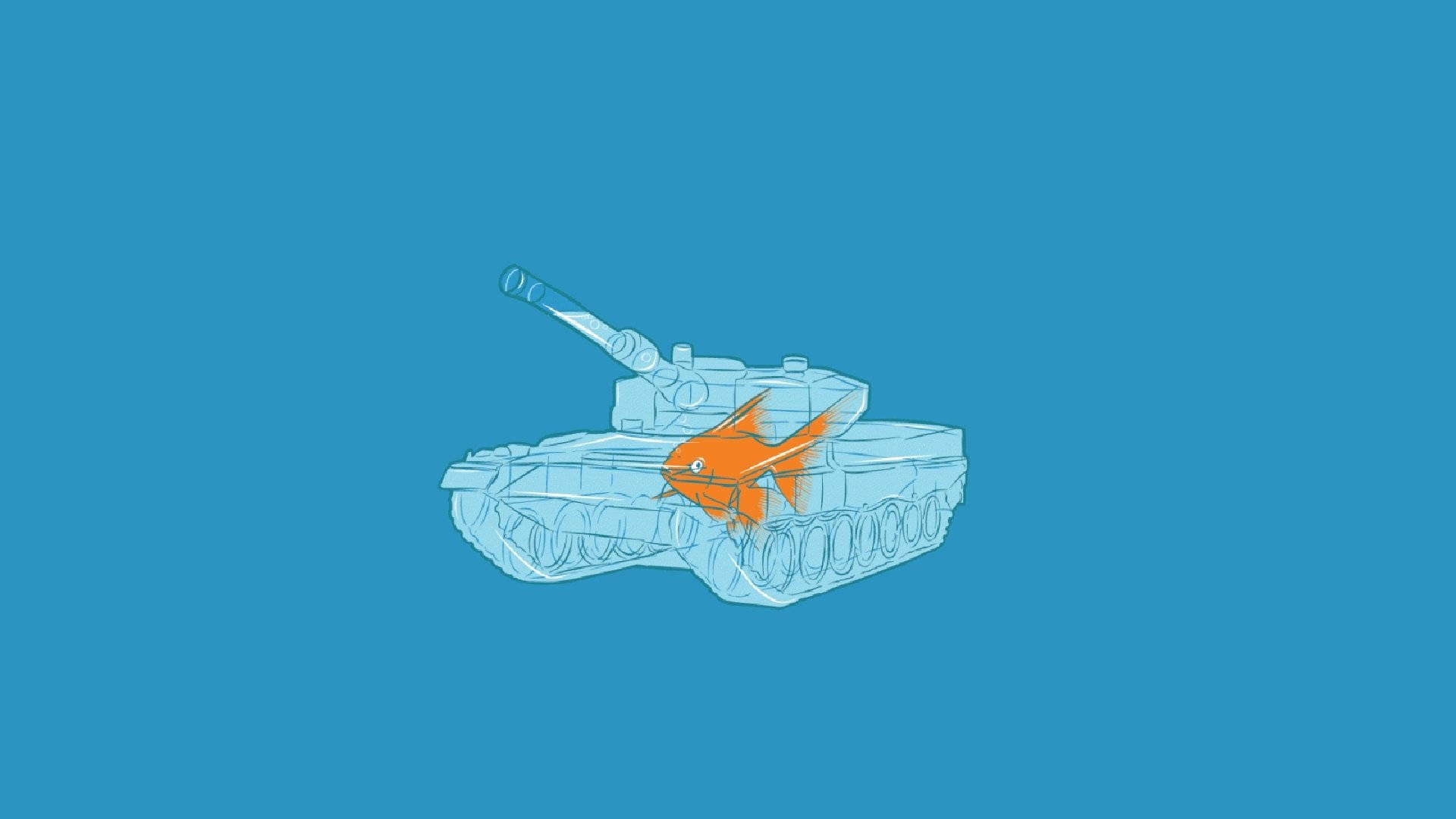 魚形軍隊坦克 壁紙 — 一條鮮橙色的魚在淺藍色輪廓的魚缸上游動，背景是純青色。