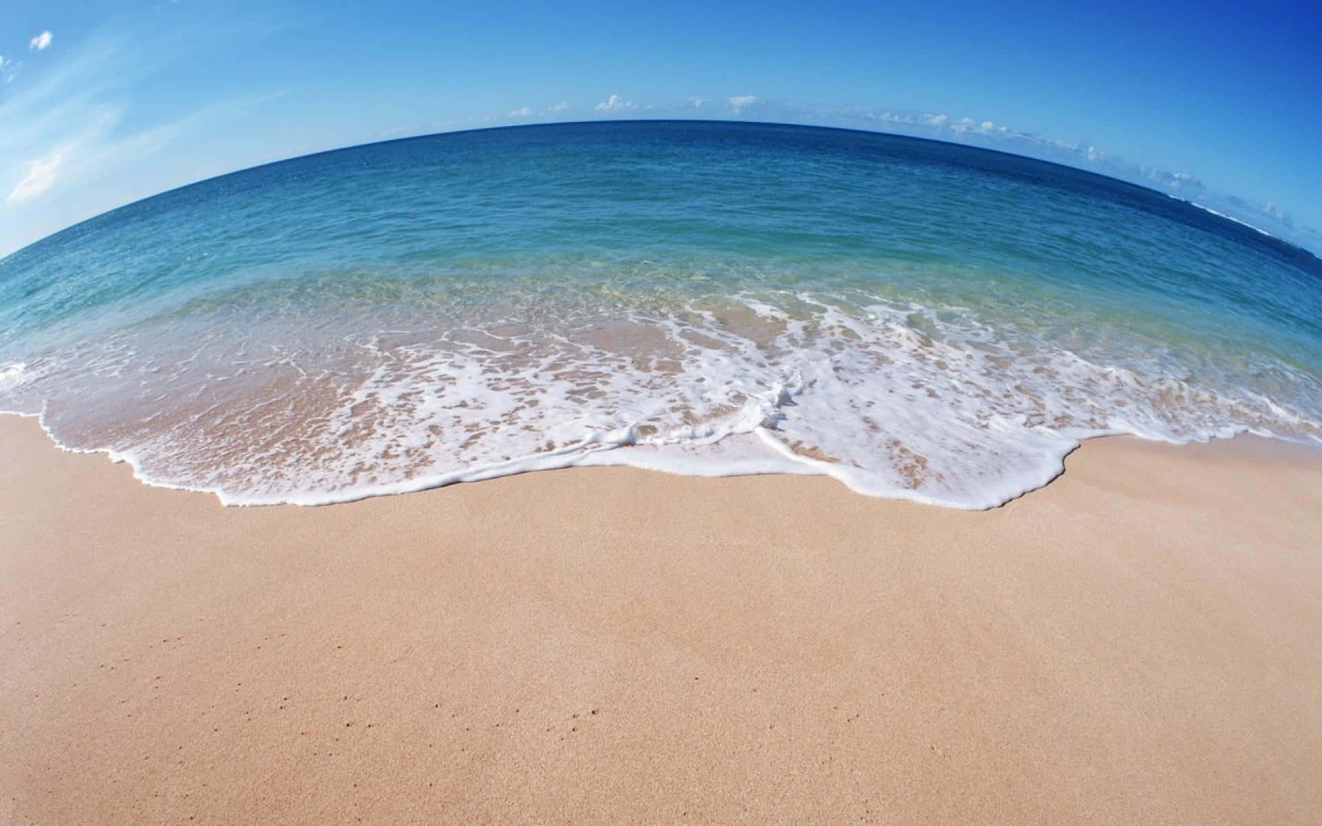 海浪 桌布 壁紙 — 魚眼視角：在清澈藍天下，碧綠海浪拍打金色沙灘。