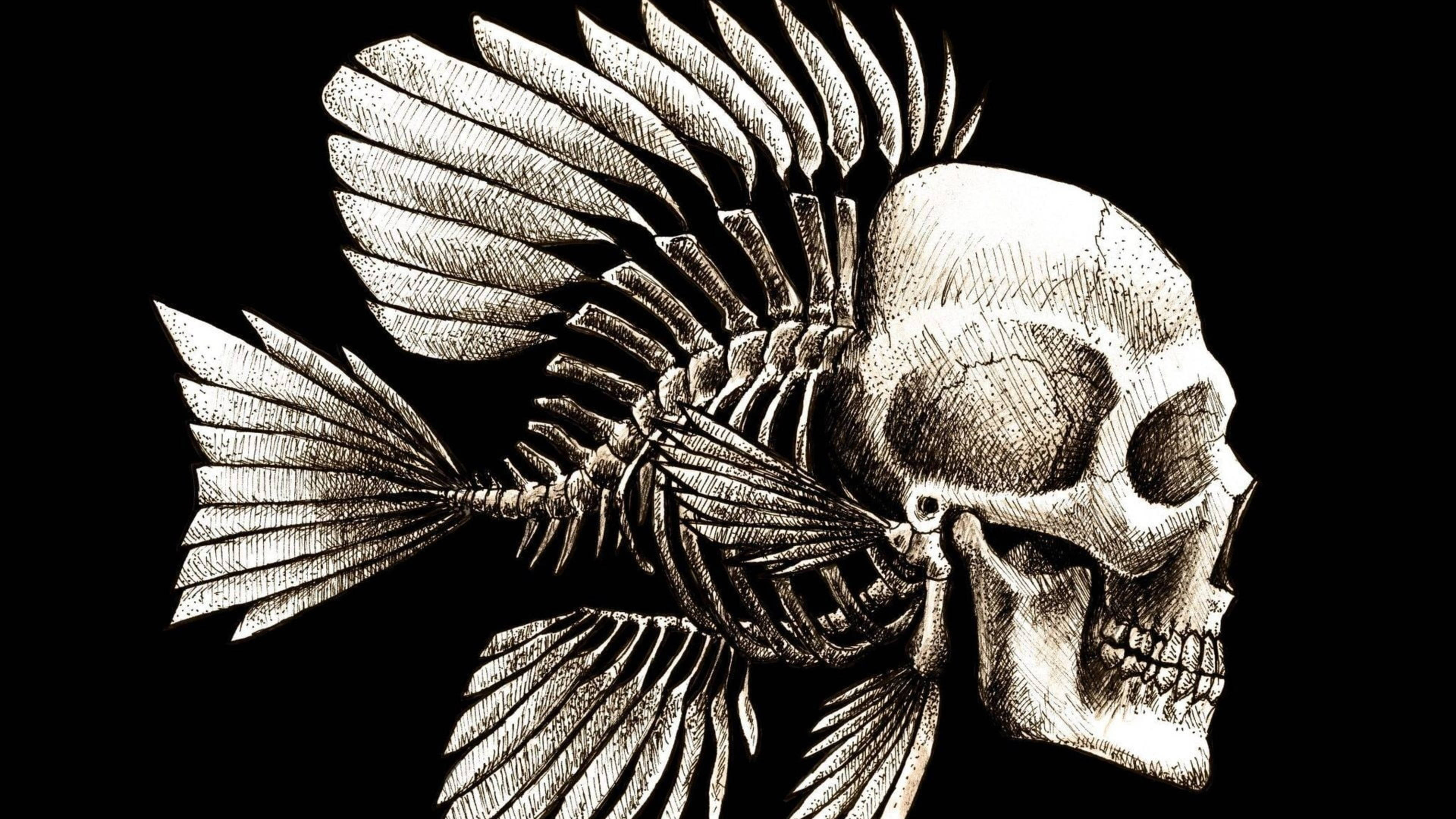 魚骨骷髏暗黑抽象 壁紙 — 一幅詳細的黑白插圖，描繪魚骨與人類頭骨融合，背景為純黑色。