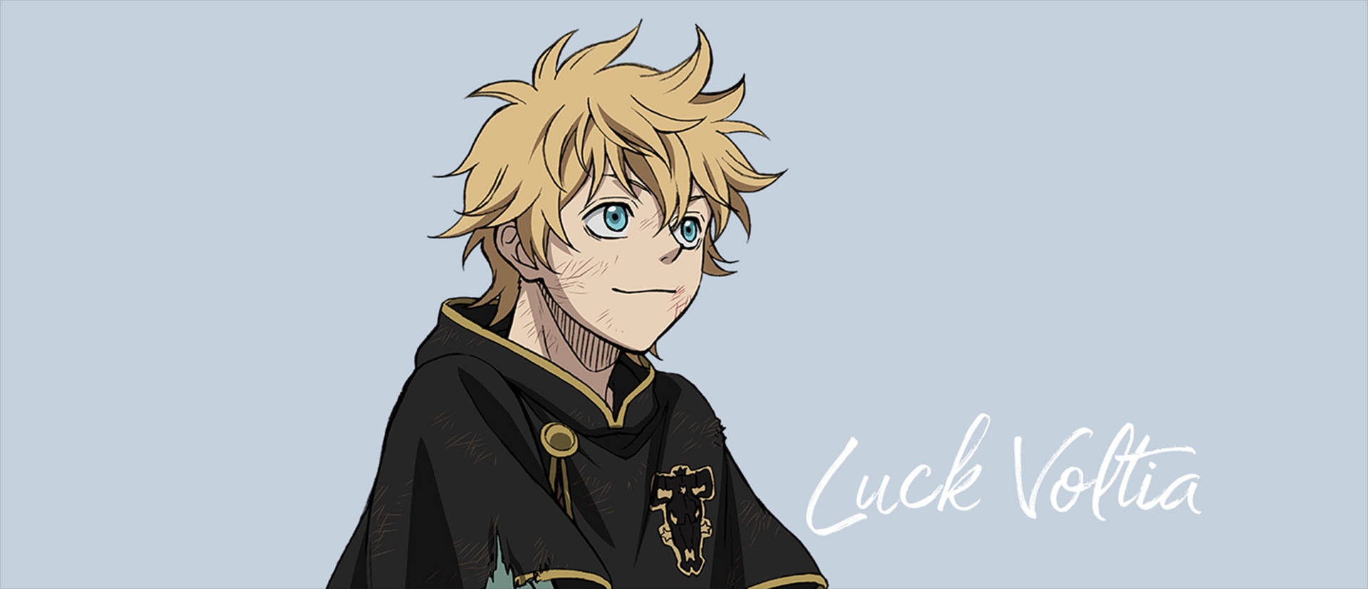 動漫角色 Luck Voltia 身穿帶有金色鑲邊和獅子徽章的黑色長袍。