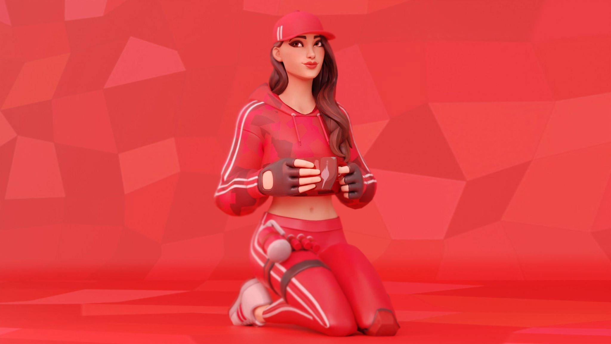 魯比《Fortnite》紅色美學 壁紙 — 一位風格化的女運動員穿著紅色運動服，跪著拿著杯子，背景是幾何紅色圖案。