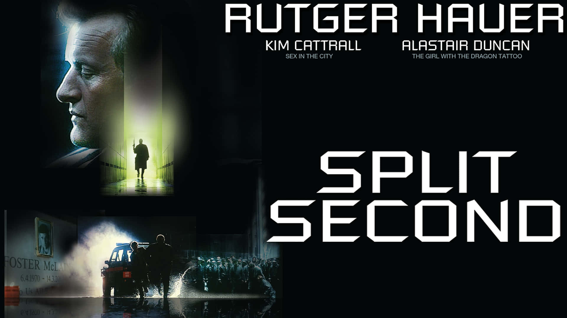 《Split Second》的電影海報， featuring Rutger Hauer 和懸疑場景。