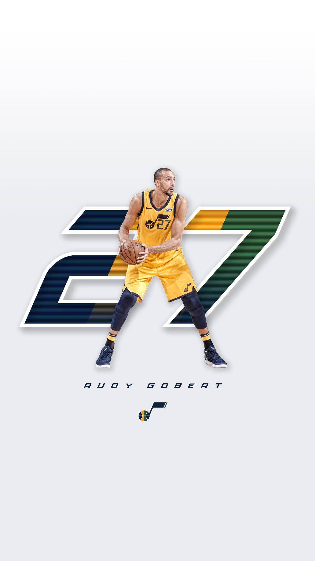 魯迪·戈貝爾27號爵士色彩 壁紙 — 籃球運動員Rudy Gobert身穿黃色猶他爵士隊球衣，手持籃球，身後有大型風格化數字27，背景為淺灰色。