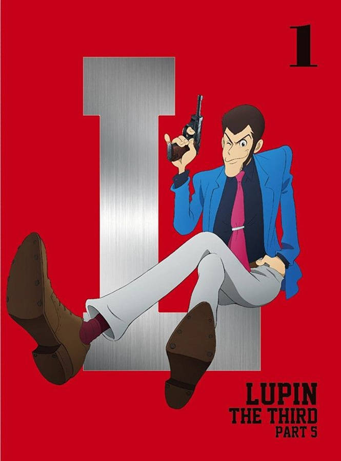 《魯邦三世》第五季海報 壁紙 — 一個自信滿滿的藍色西裝動畫小偷，躺在大膽的紅色背景前的一個巨大銀色數字一上。