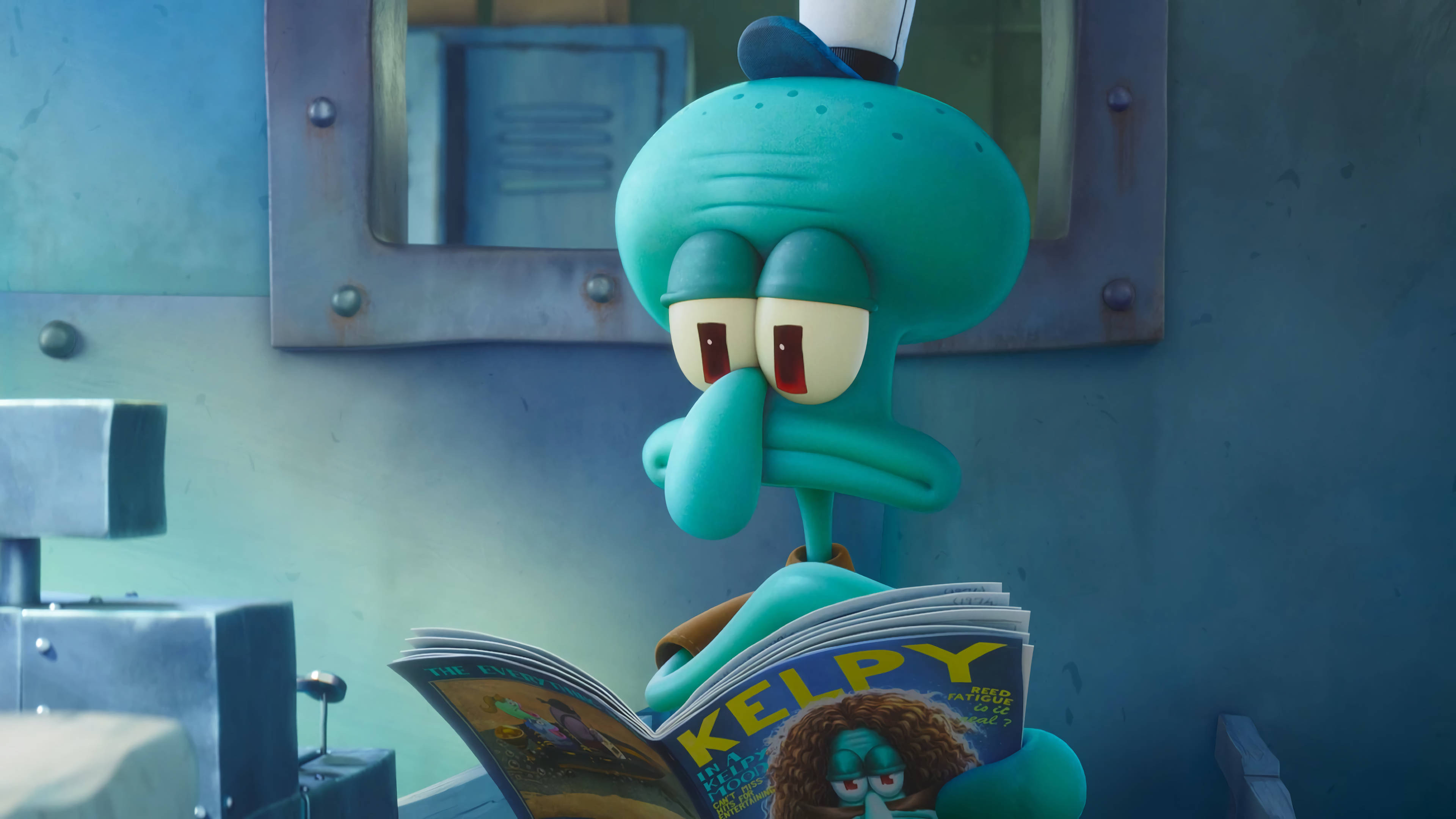 魷魚哥《海綿寶寶大逃亡》 壁紙 — Squidward 喺佢亂糟糟嘅水底房間入面，帶住無聊嘅表情睇雜誌。