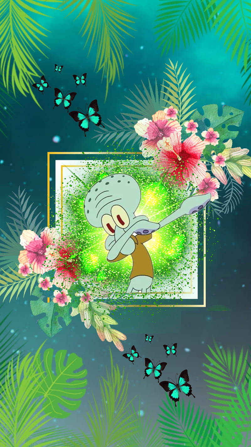 Squidward 在閃爍的框架中跳舞，置身於熱帶花卉和蝴蝶之間。 — 唯美蝴蝶動圖 壁紙