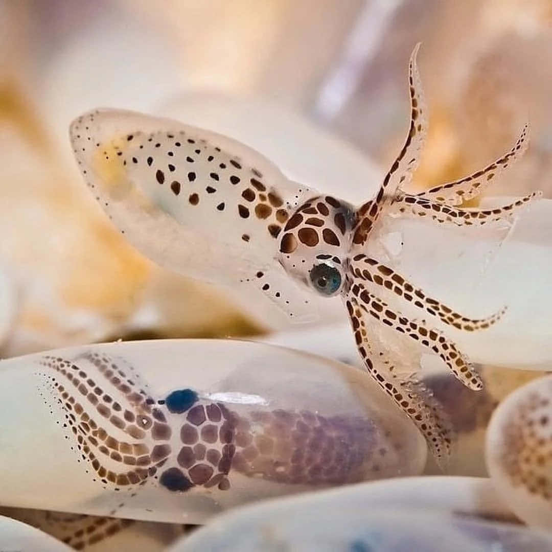 兩隻半透明斑點魷魚在水中游動，眼睛藍色。