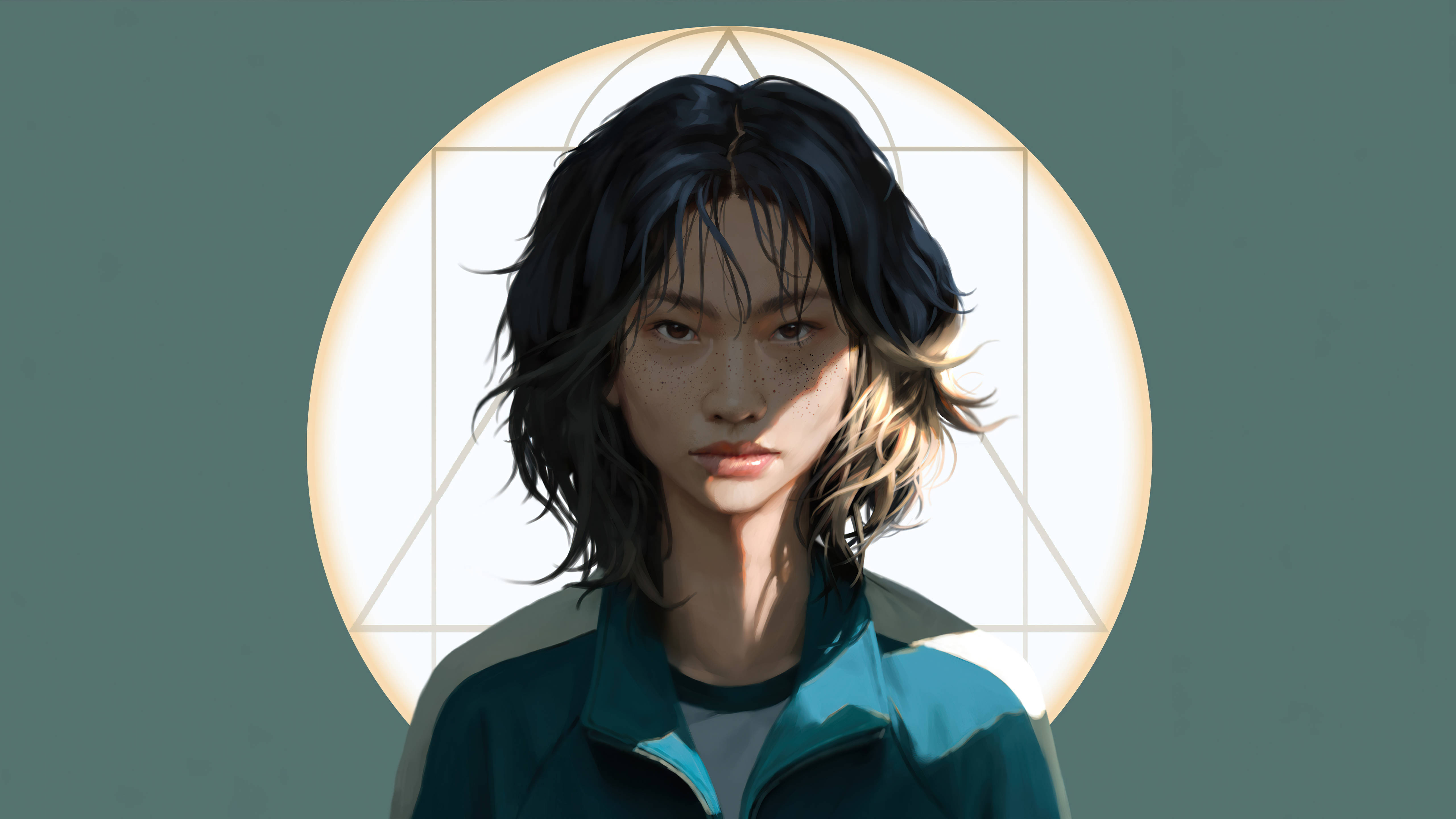 魷魚遊戲 067 綠色藝術風 壁紙 — 一位年輕女性，深色凌亂的頭髮和雀斑，向前凝視，被一個帶有幾何線條的發光圓形窗戶框住。