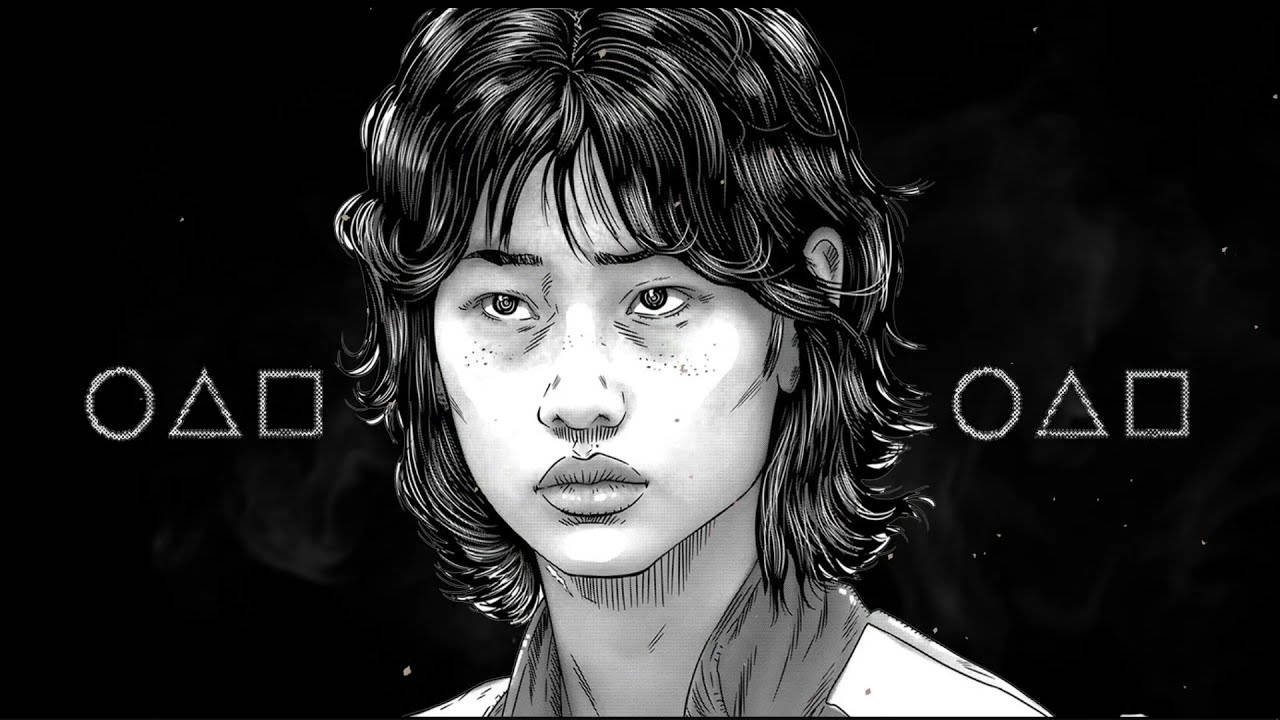 魷魚遊戲 067 號黑灰素描 壁紙 — 一個年輕人的單色動漫風格肖像，擁有紋理頭髮和強烈眼神，背景為帶有幾何符號的深色背景。
