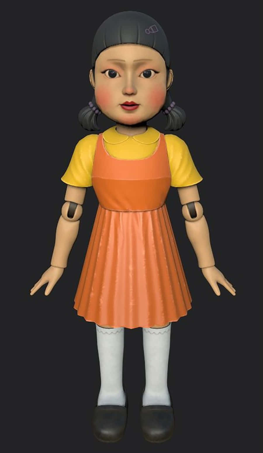 一個3D渲染的雙馬尾女孩，穿著黃色襯衫和橙色連衣裙。