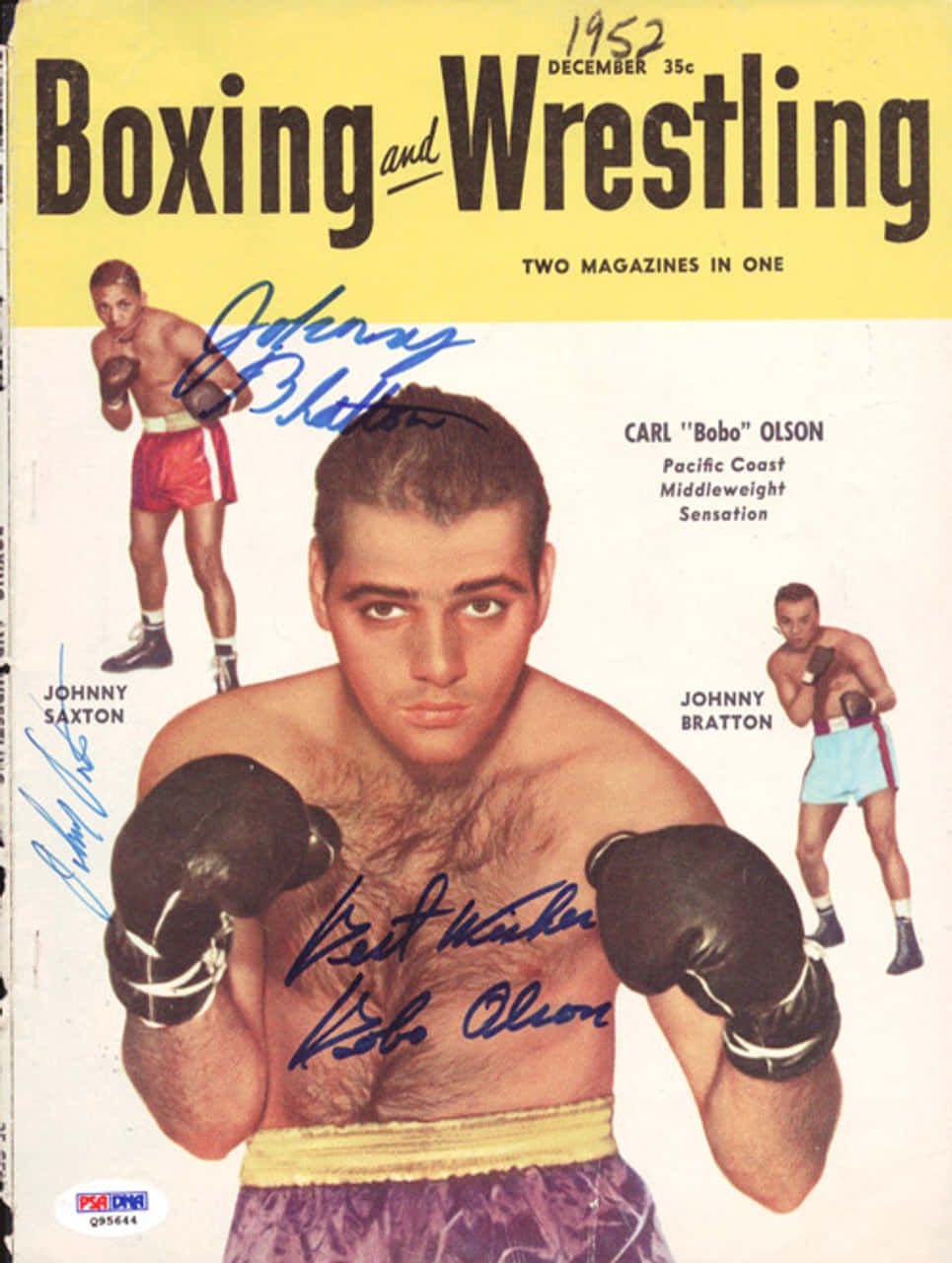 鮑伯·奧爾森海報 壁紙 — 1952年復古拳擊雜誌封面， featuring 拳擊手 Carl 'Bobo' Olson 帶有簽名，以及另外兩名拳手，採用經典中世紀插圖風格。