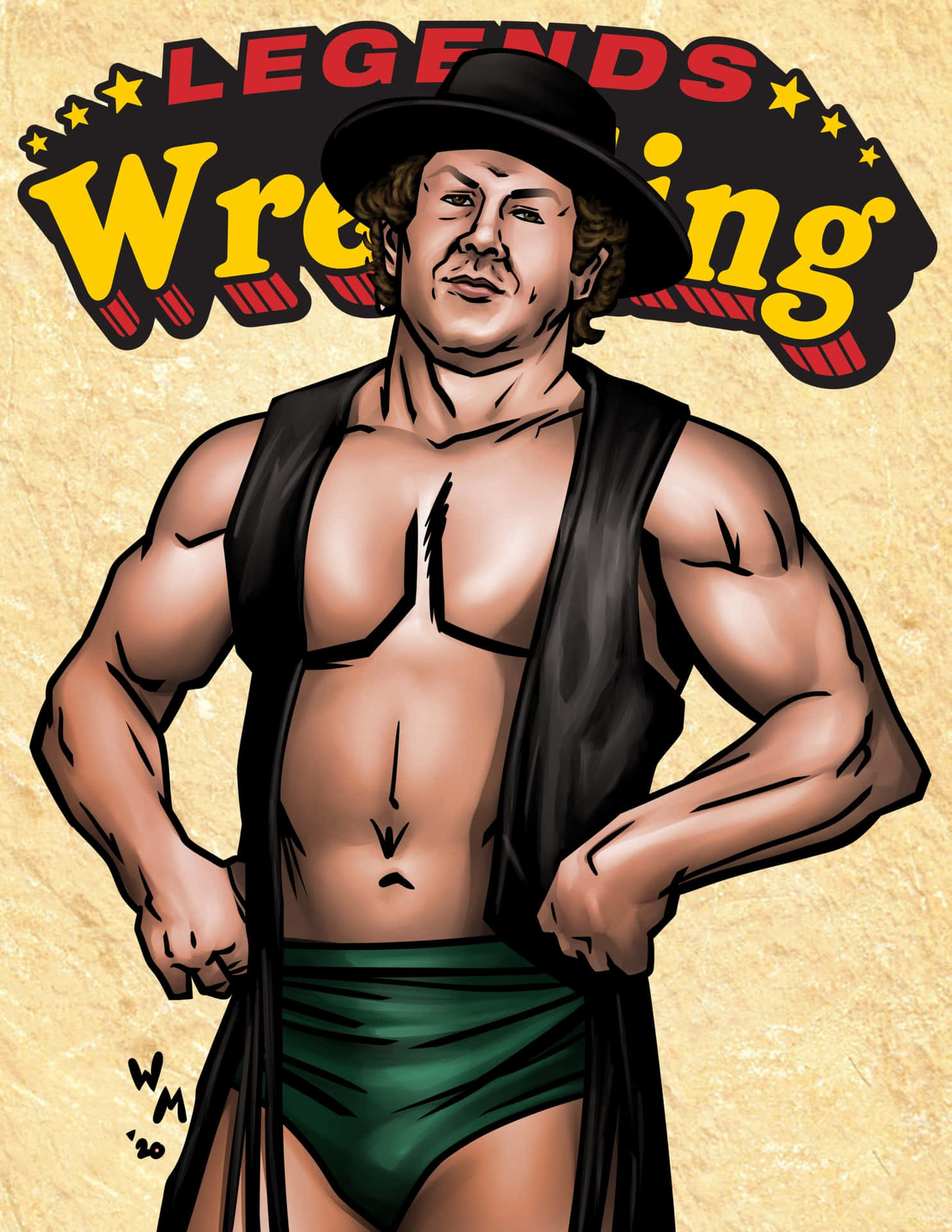 摔角手穿著綠色短褲和黑色背心，在 'Legends Wrestling' 橫幅下。