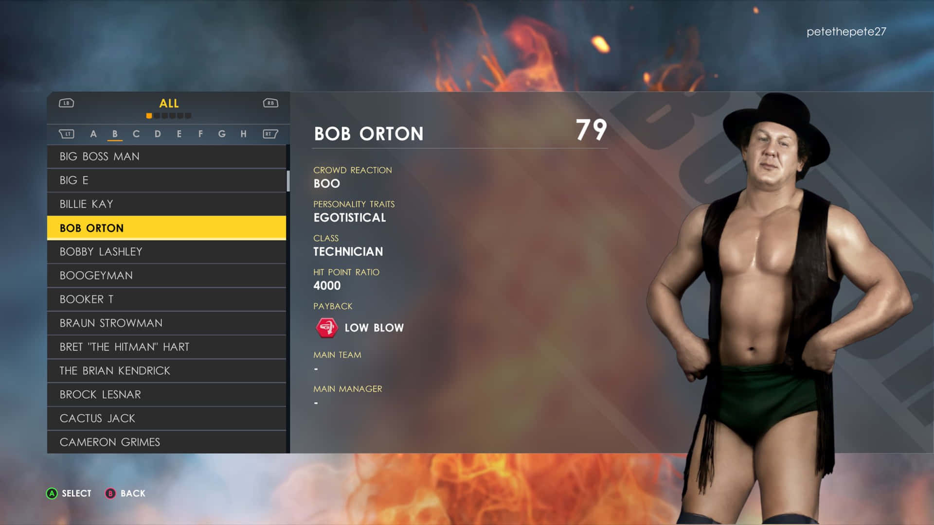 摔角手 Bob Orton 在遊戲角色選單中，背景火熱。