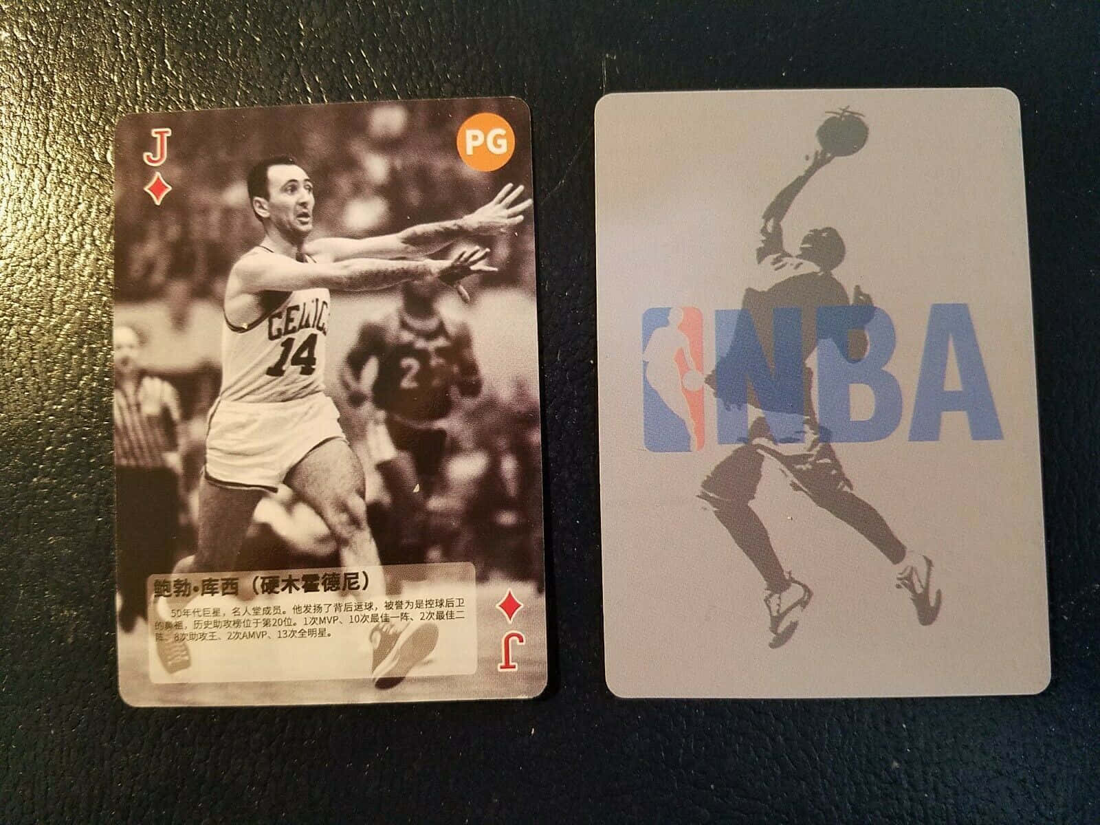 鮑勃·庫西 NBA 照片卡 壁紙 — 兩張NBA交易卡：一張係塞爾特人球衣球員嘅復古相，另一張係有NBA標誌嘅現代剪影卡。
