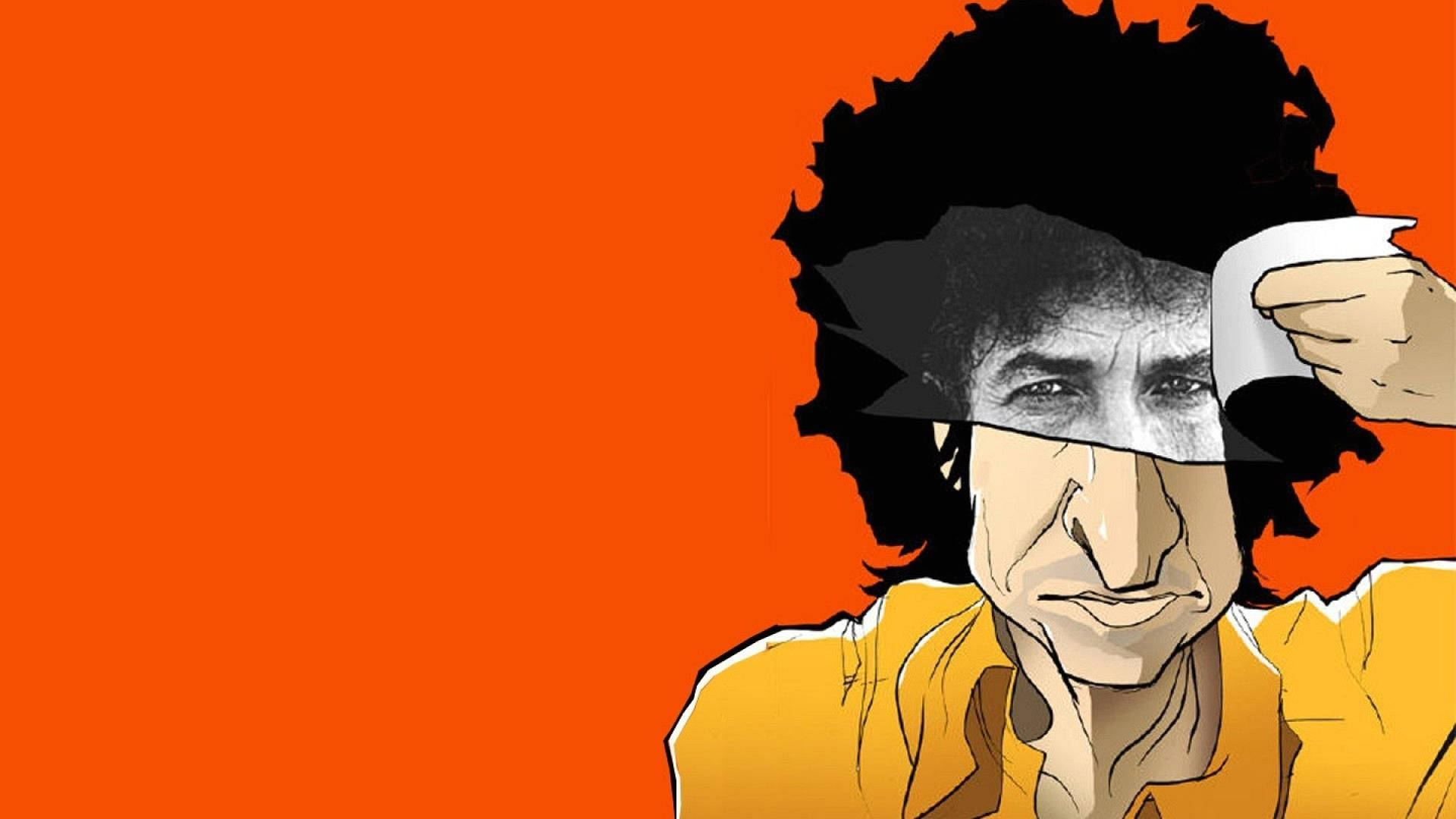 Bob Dylan撕開紙張露出臉的插圖，橙色背景