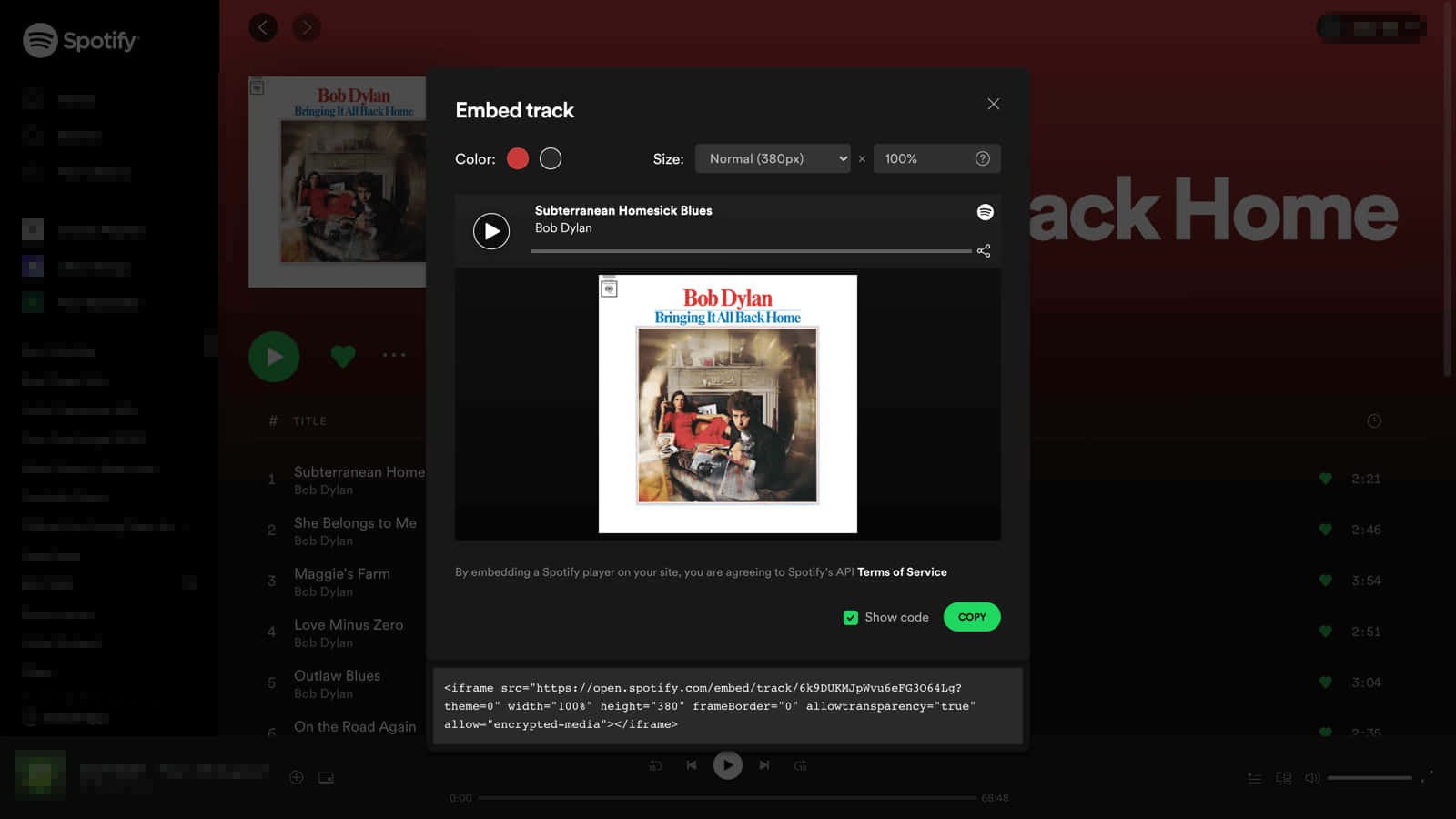 鮑勃·迪倫歌曲圖片 壁紙 — Spotify 嵌入播放器顯示 Bob Dylan 專輯《Bringing It All Back Home》的封面，帶有紅色和白色文字。