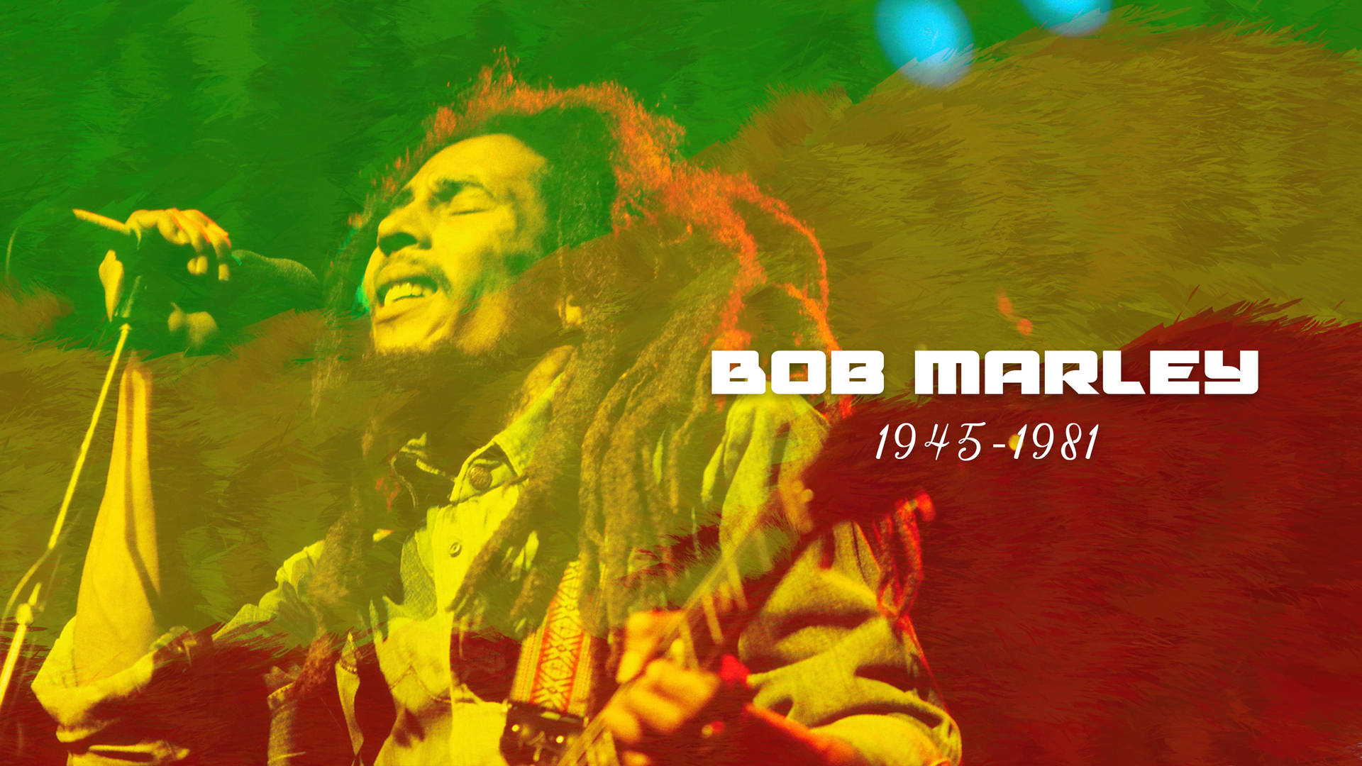 Bob Marley 在綠色和紅色燈光下表演，並顯示他的名字和年份。