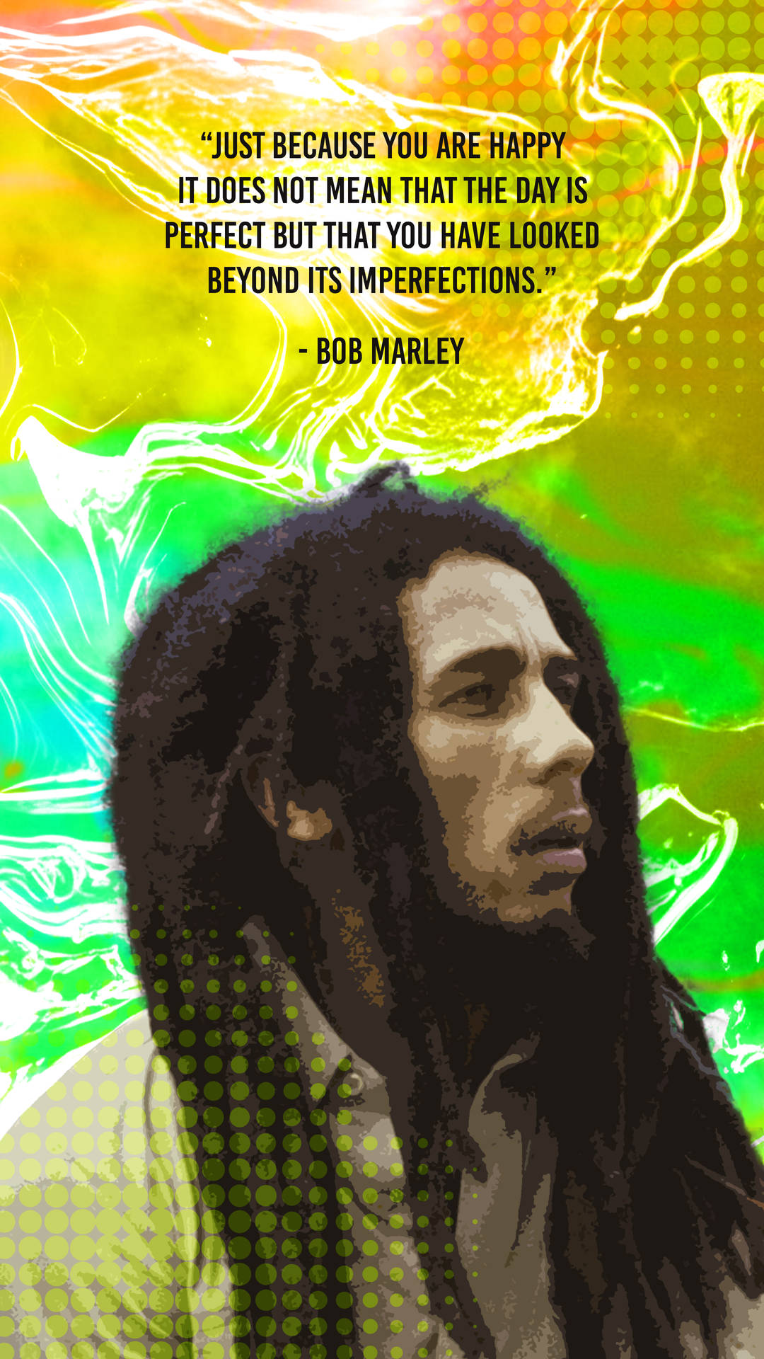 Bob Marley 肖像，附有引言，背景係色彩繽紛嘅抽象圖案。