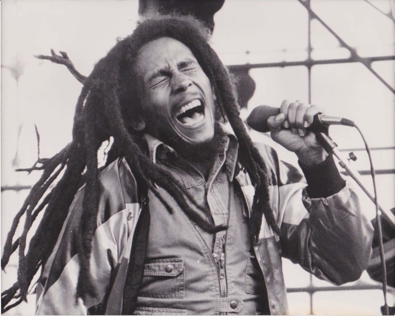鮑勃·馬利——全球雷鬼音樂的靈魂來源 壁紙 — Bob Marley 喺黑白相中閉上眼睛，張大嘴巴，熱情地唱入咪高峰。