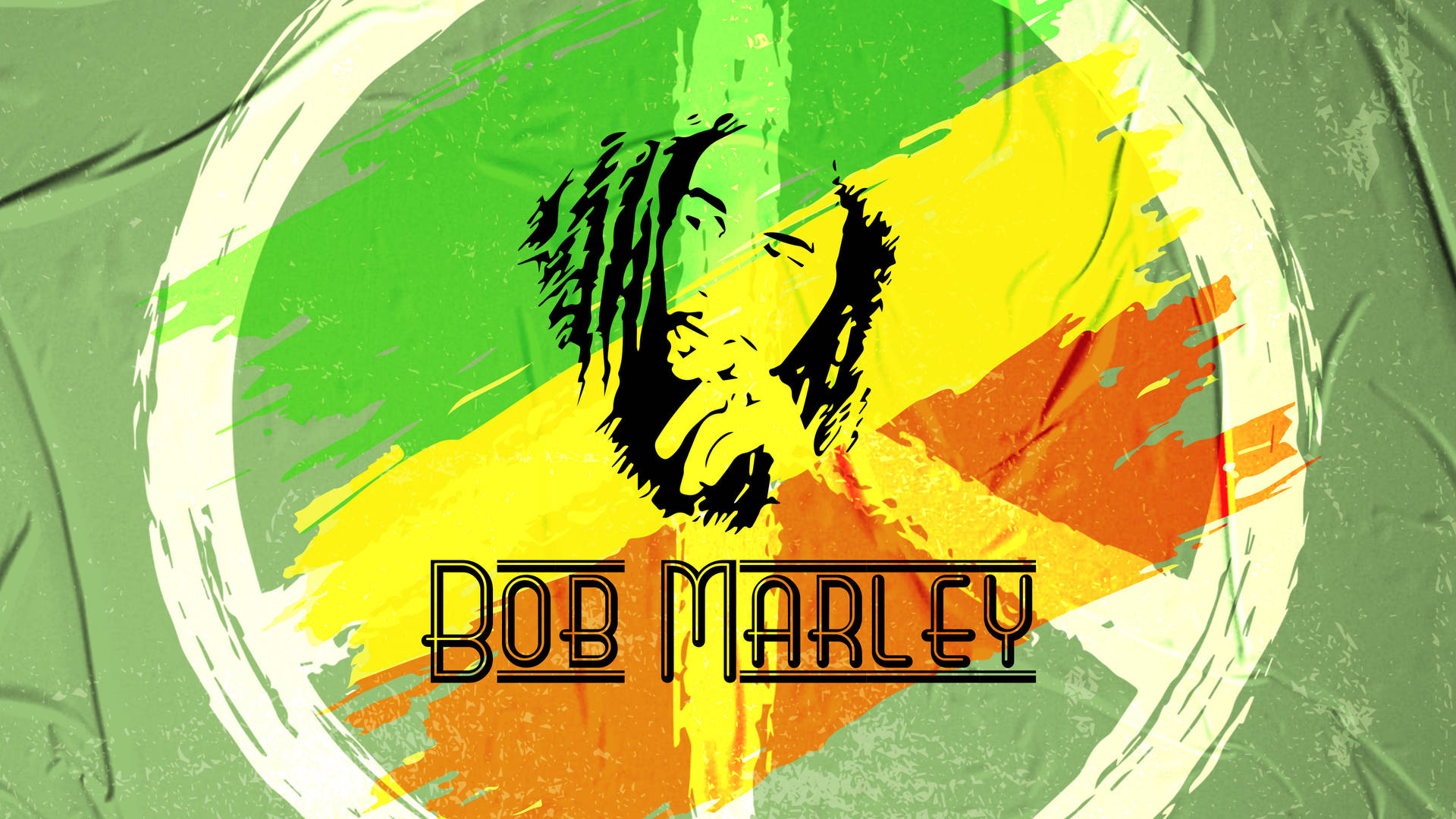 Bob Marley剪影在牙買加國旗上，帶有頹廢質感和粗體文字。