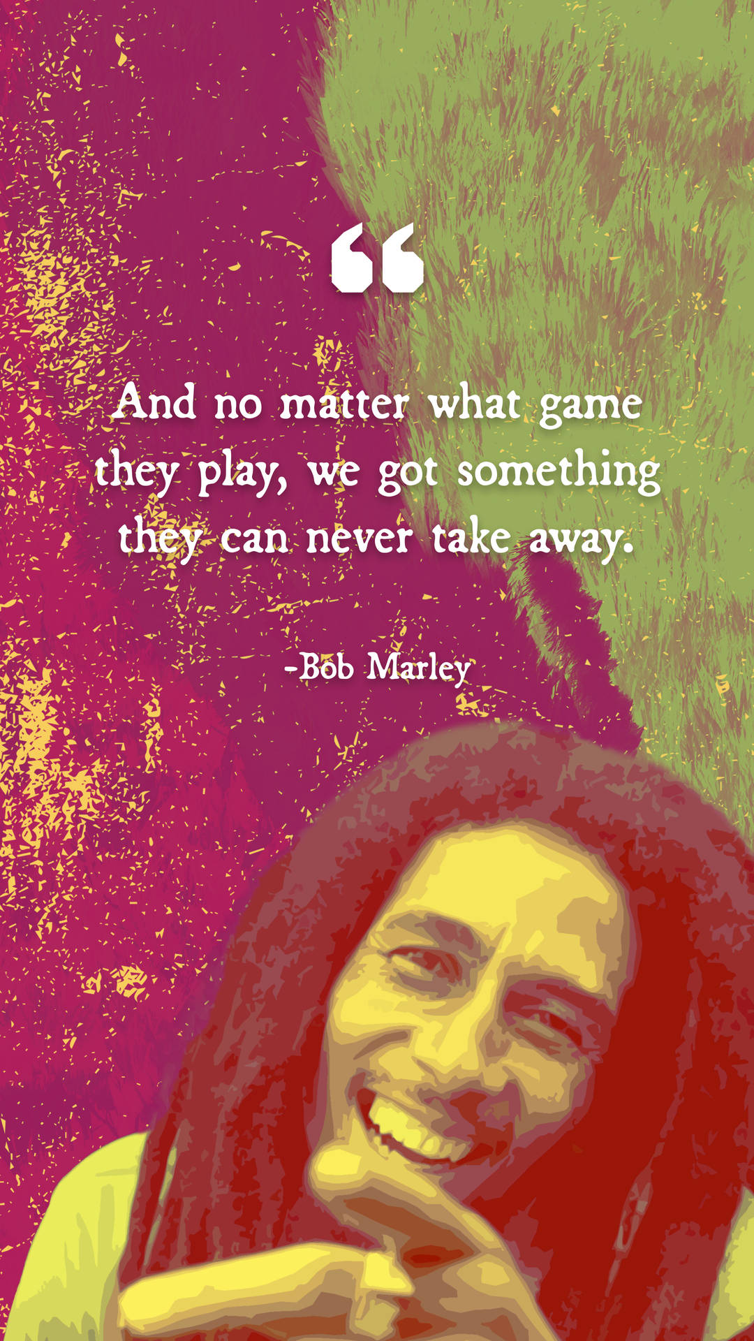 Bob Marley 微笑著，引用關於遊戲和精神的語句。