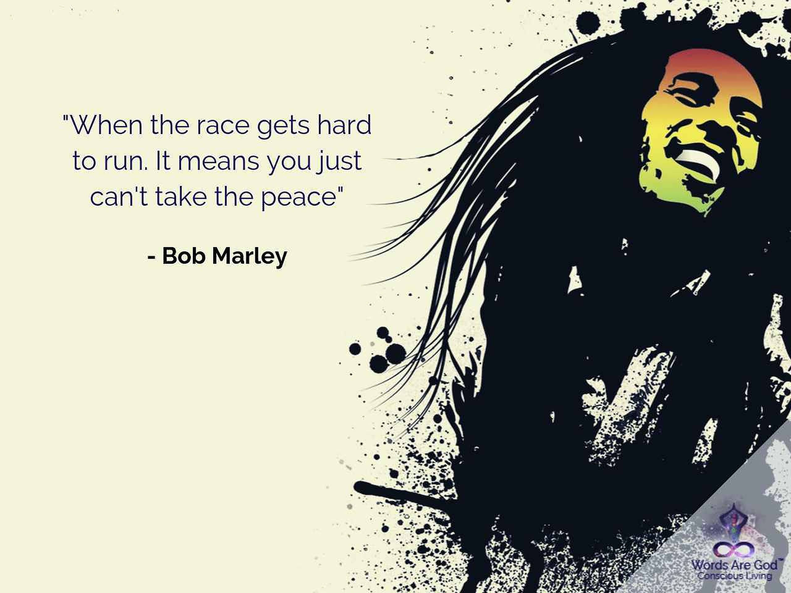 鮑勃·馬利和平名言 壁紙 — 一個充滿活力的風格化 Bob Marley 肖像，帶有彩虹色的臉孔和黑色墨水飛濺，在奶油色背景上附有引言。