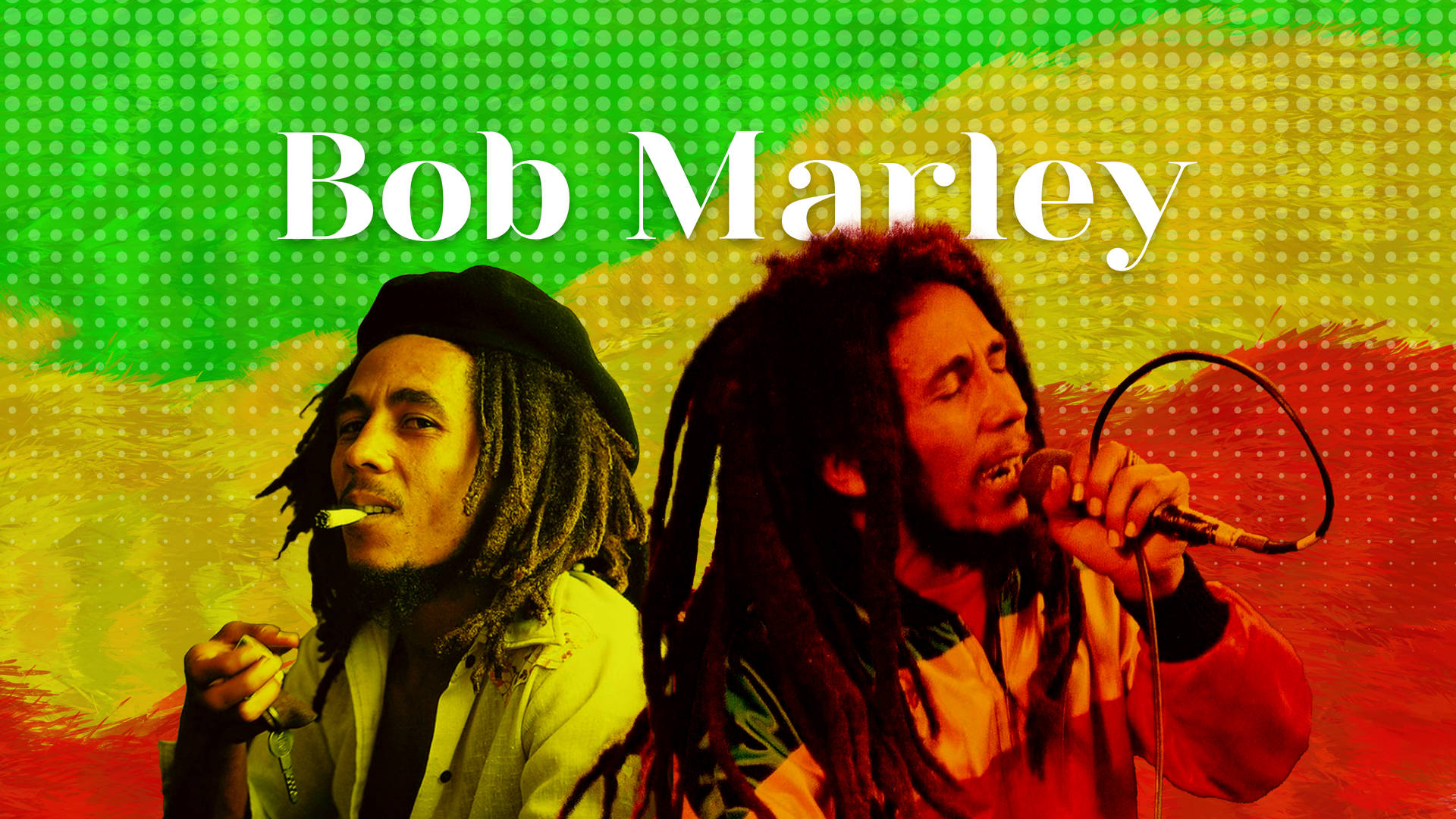 Bob Marley 對著麥克風唱歌，同時在色彩繽紛的背景前吸食大麻煙。