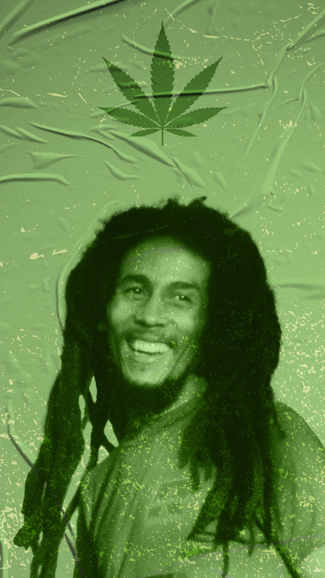 Bob Marley微笑，頭頂上方有一片大麻葉，背景為帶紋理的綠色。