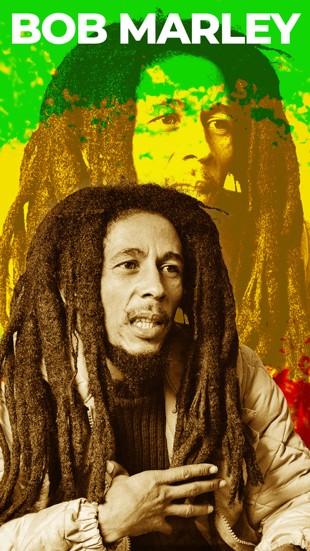Bob Marley 肖像，背景為綠黃漸變色，他的名字以粗體白色文字呈現。