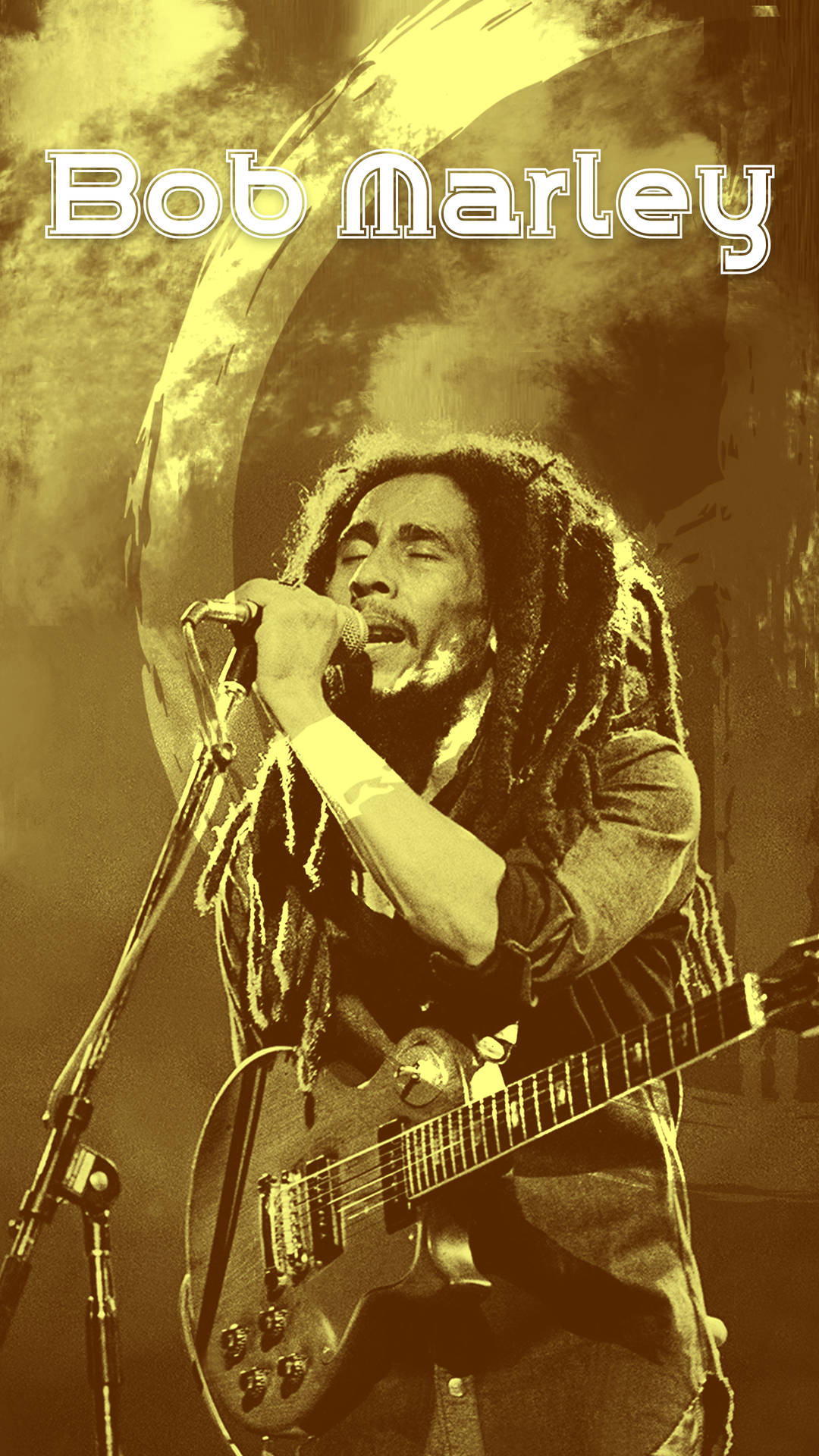Bob Marley 在舞台上拿著結他對著咪高峰唱歌。