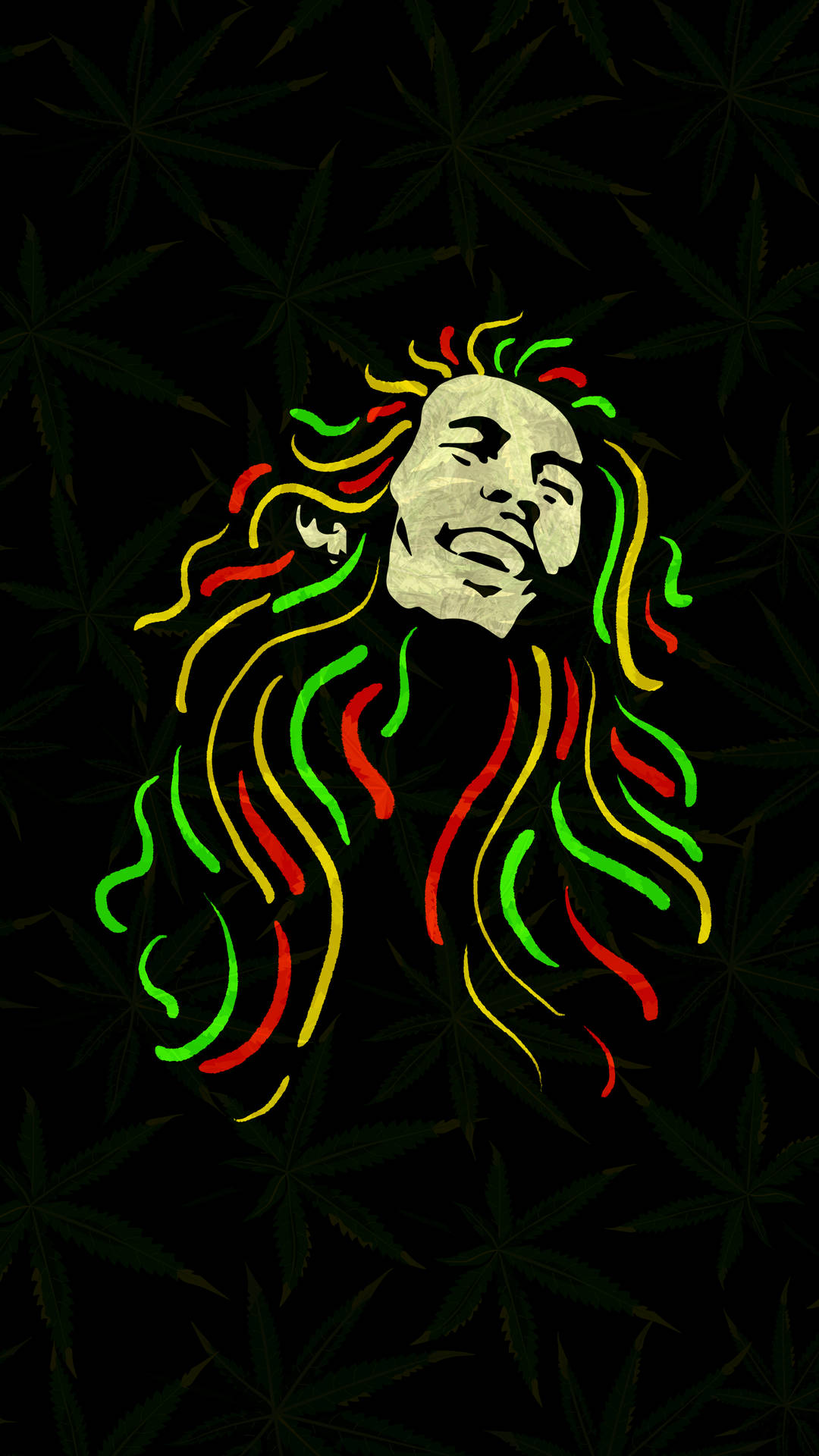 風格化肖像，帶有彩色辮子和大麻葉背景。