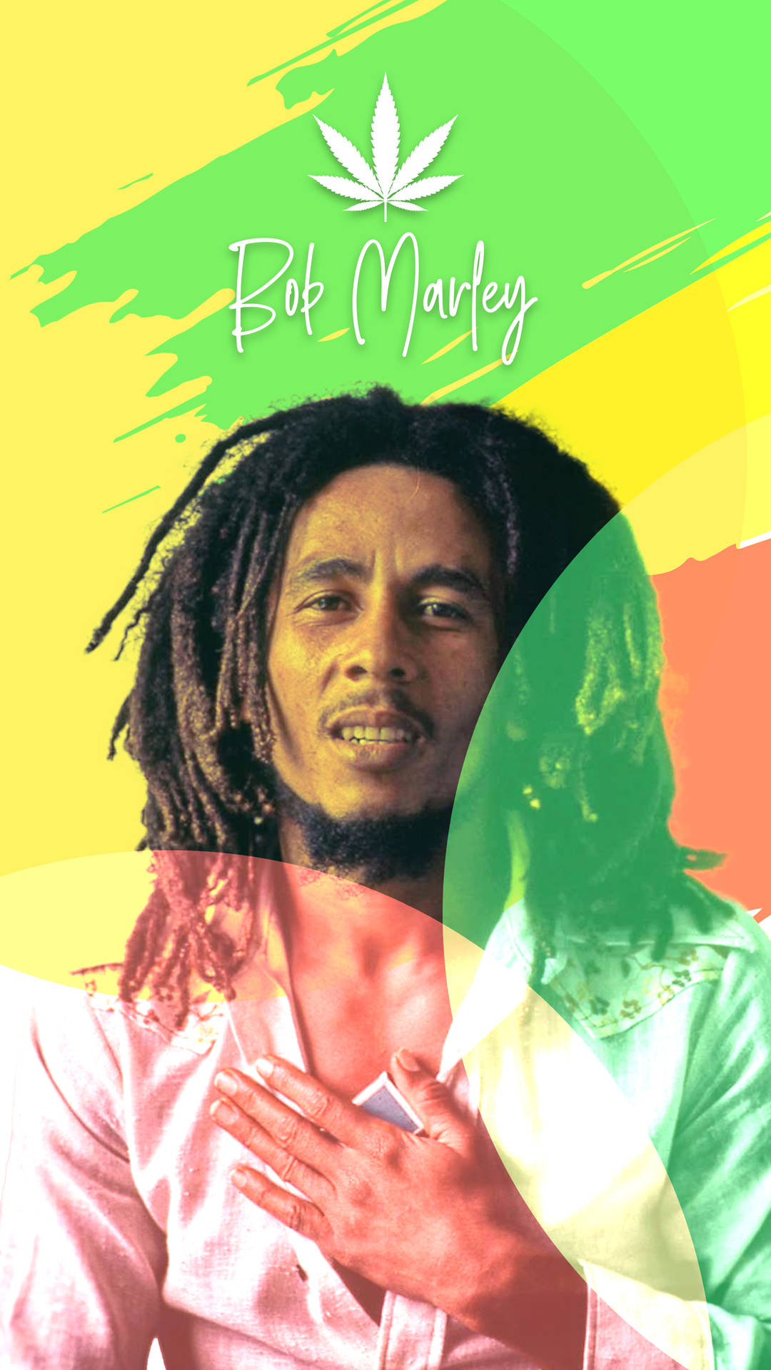 Bob Marley 肖像，手放在胸前，背景是色彩繽紛的抽象圖案。