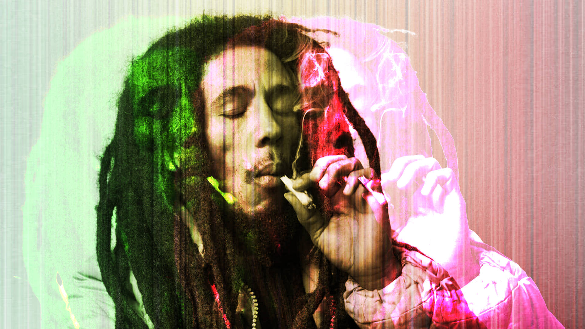 Bob Marley 抽大麻煙，帶有故障藝術效果的綠色和粉紅色效果。