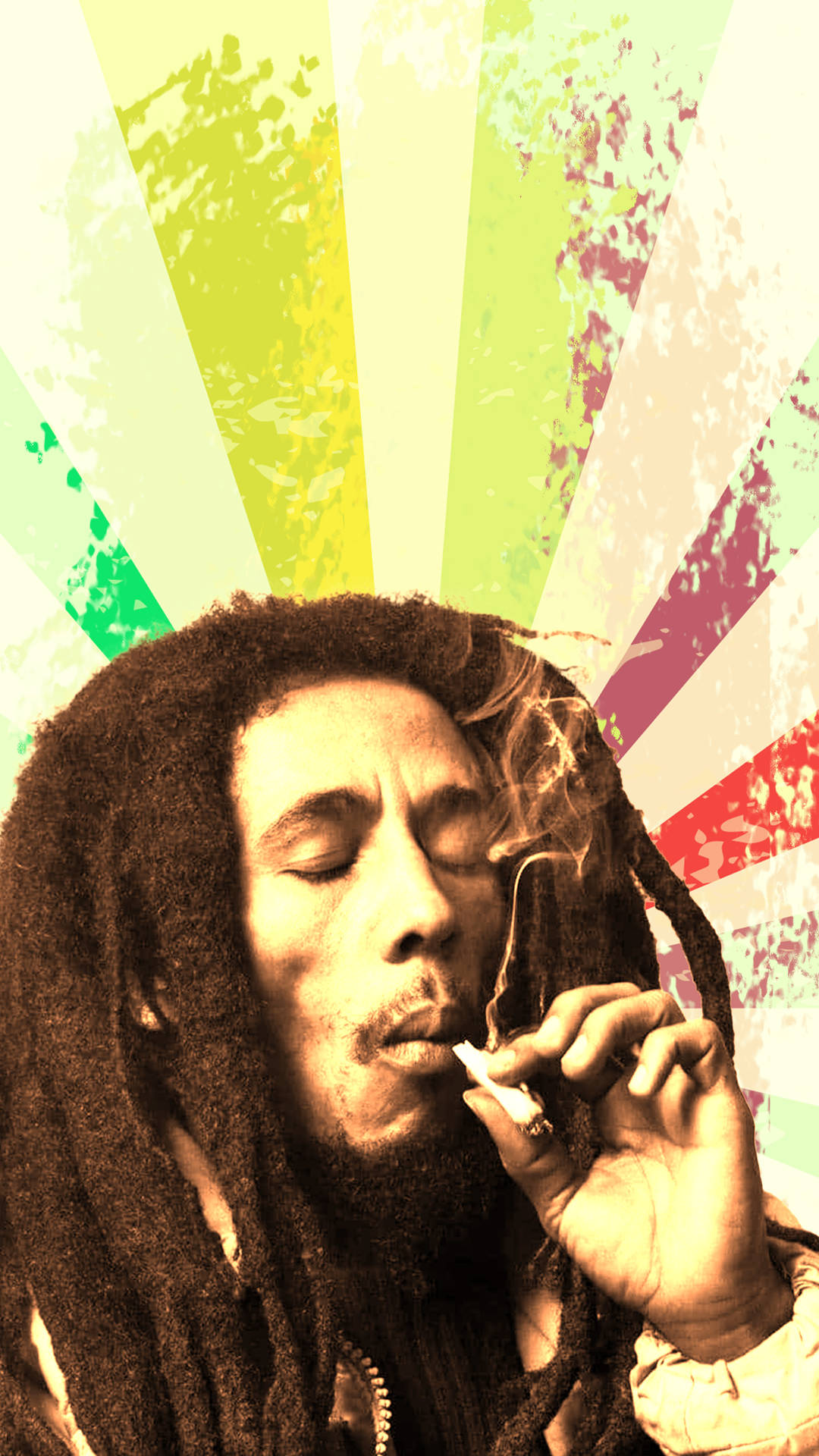 Bob Marley 閉著眼睛抽煙，背景是色彩繽紛的日出光芒。