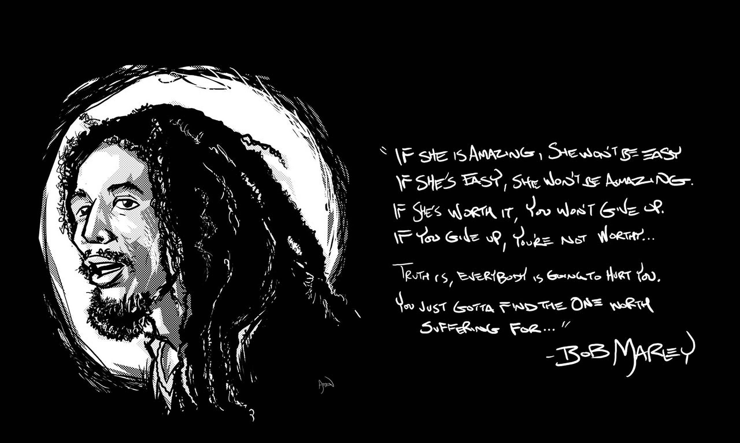 鮑勃·馬利插畫與金句壁紙 壁紙 — 一張大膽的黑白插圖，描繪了鮑勃·馬利，旁邊是他的肖像，並附有關於愛與價值的名言。