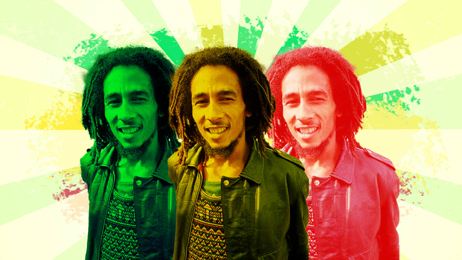 三個微笑的Bob Marley肖像，以綠色、黃色和紅色色調呈現，帶有太陽爆發背景。