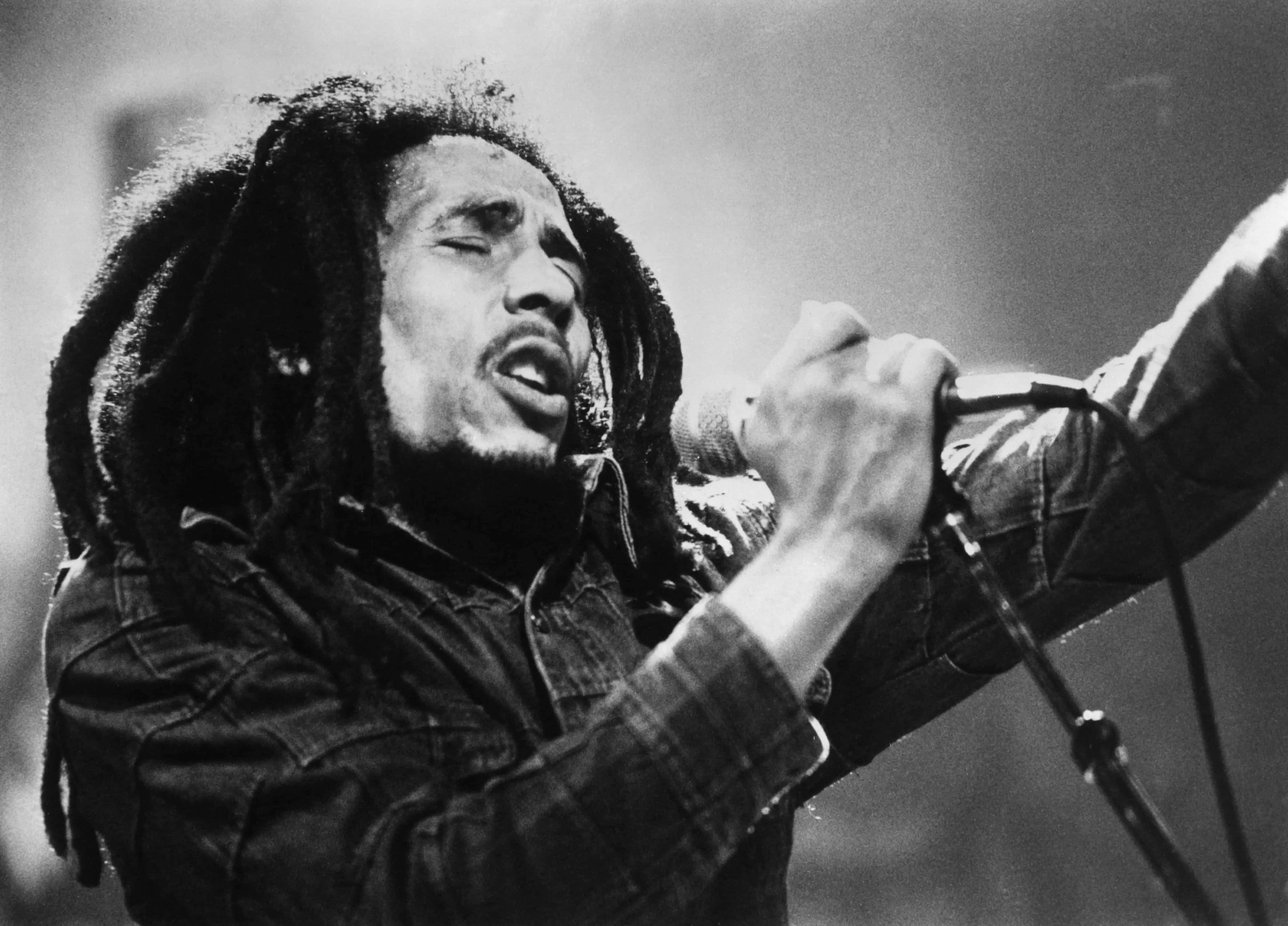 鮑勃·馬利的傳奇遺產 壁紙 — Bob Marley 在現場表演中閉上眼睛，辮子飄逸，充滿激情地對著麥克風唱歌。